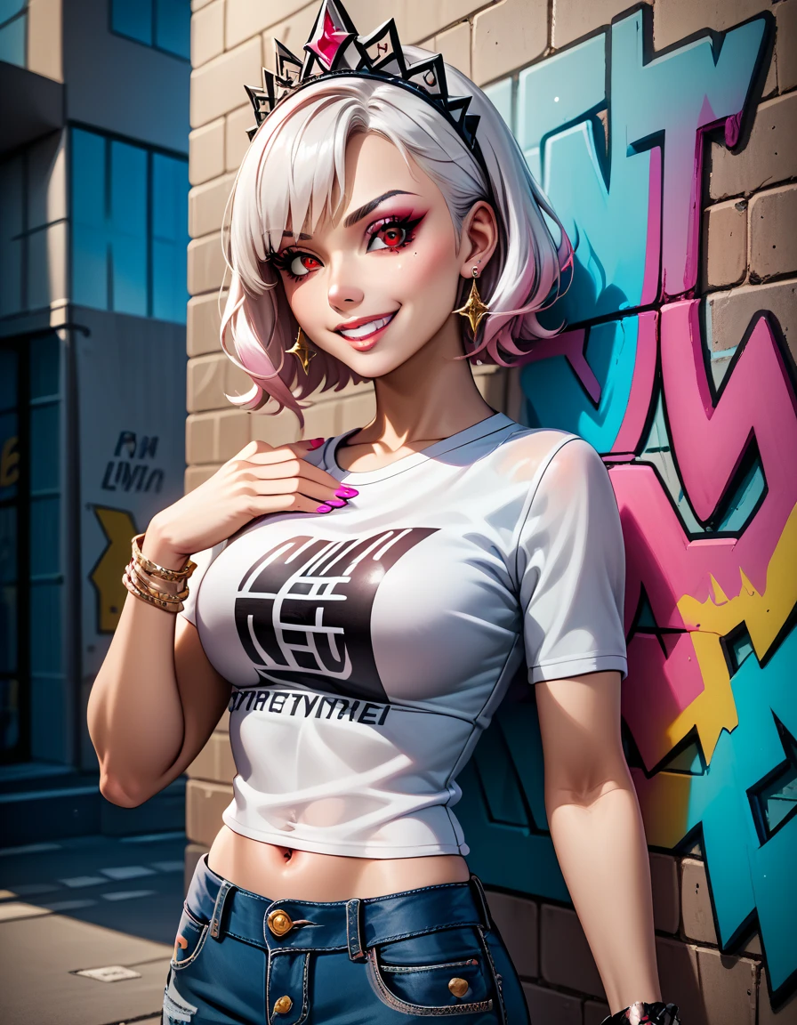 vibrant colors,depth of field,solo,1girl, 💫, ⭐️, 🌟, ✨, street-wear,VANS, cropped t-shirt, pants,gyaru, earrings, piecing, (flashy accessory), fashionable attire,  (fashion model posing:1.3), dynamic angle, seductive glance, confident expression, lovely, alluring smile, fashion magazine photograph, trendsetter, high fashion, snap shot, [navel],❤️, multicolored short hair, neoncolor, cool, dramatic, detailed background,urban, leaning against graffiti wall, bad-girl, (fullbody:0.8), sharp focus, perfect hands, perfect face, perfect eyes, perfect light, dynamic light, natural light, masterpiece, best quality, very aesthetic, absurdres, newest, ai-generated, intricate, Orphea, red eyes, white hair, tiara, smile