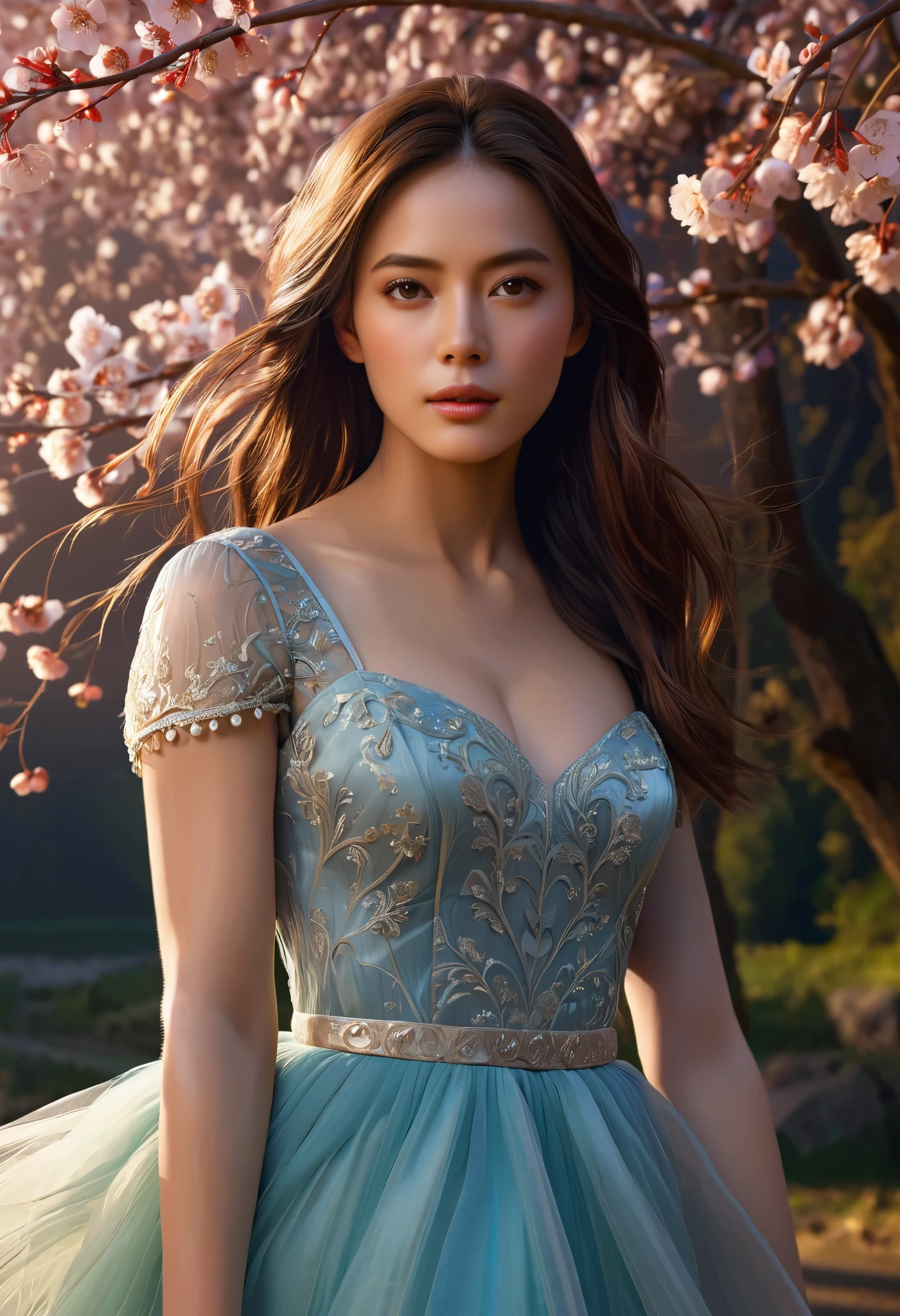 {{{  Masterpiece  }, }}, { Highly Detailed CG Unity 8K Wallpaper }, wonderful,  detailed, Alone, {{Floating Hair}, }, {{cherry blossoms}, }, Outdoor, null, {{wind}, },  detailed background, Beautiful detailed eyes ,  see-through: evening dress:0.3,  clevis,  Bright Eyes , {{whole body}, },  Dynamic Poses ,  dynamic angle,  clevis,  viewers, Detailed clothing,  cinematic lights, close-up,  top quality