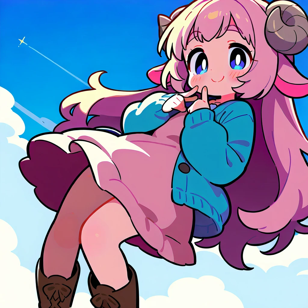 score_9, score_8_up, score_7_up, source_anime, (masterpiece:1.3, best quality:1.3, 8k,  highres icon:1.3, good anatomy), 1girl,  pink fluffy long hair \ Fluffy Long Hair, Sheep&#39;s round horns, Thick eyebrows, smile,  Pink Dress ,  sky blue cardigan ,  brown boots , I have scissors in both hands:1.5,  cute BREAK Alphonse Mucha background:1.5