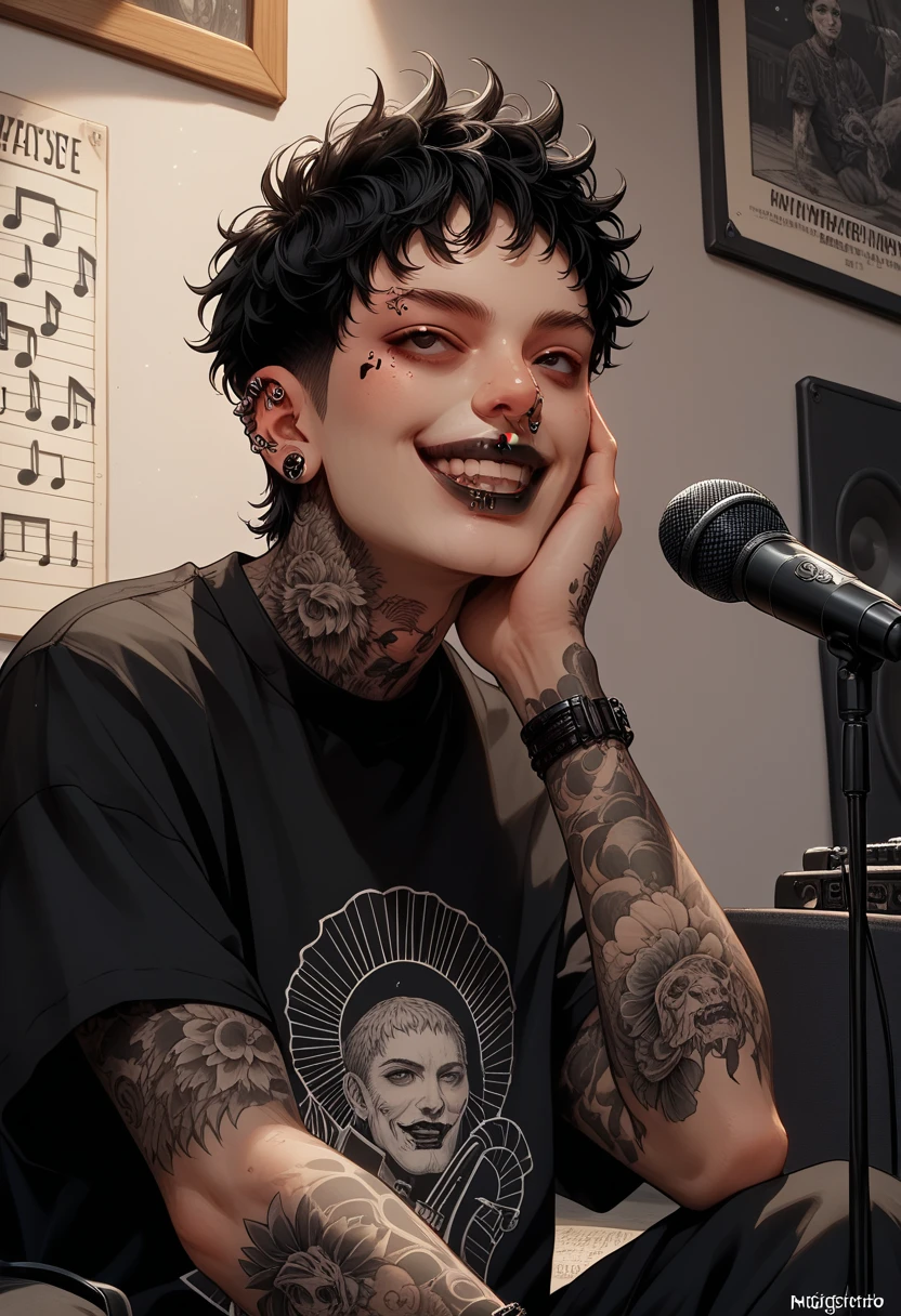 (masterpiece, illustration, best quality:1.2), microphone with melody logo, facing forward, music studio background, charming boy, a boy is singing, full tattoo, rock style, piercing, gothic make-up, rock n roll, solo vocalist, black lips, whole body tattoo, traditional japanese tattoo, black t-shirt, black eyes, detail face, smile