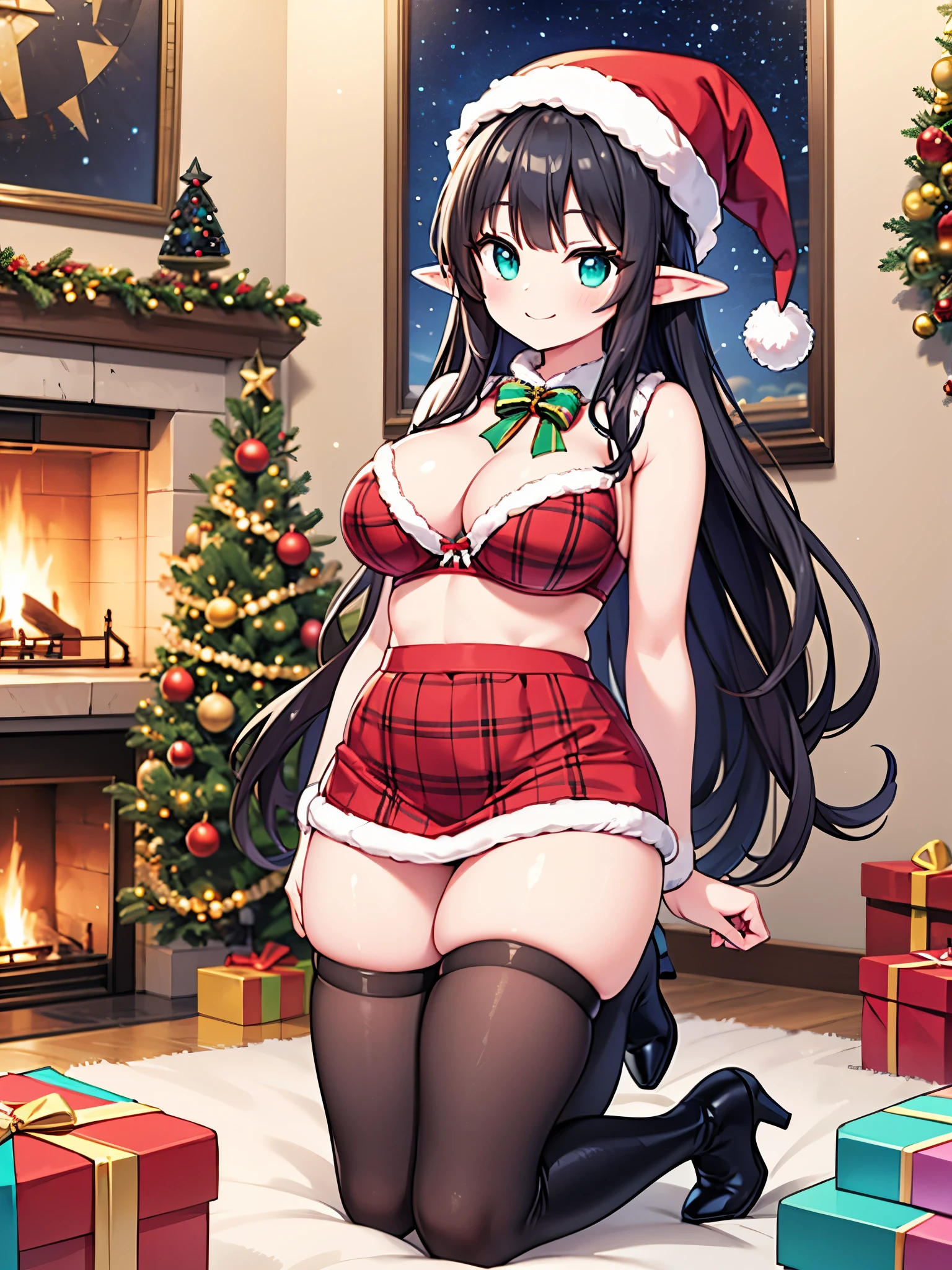 detailed image, realistic image, 1 elf, has very long black hair, wavy, turquoise eyes, smiling. She has a curvy body, medium breasts, slim waist, wide hips, thick thighs. She is dressed in a red Christmas bra, Christmas hat, pleated mini skirt with Christmas plaid, mid-thigh boots. She is kneeling as seen from below, room with fireplace, Christmas tree, full body view, starry night, north pole, surrounded by presents, ambient light, volumetric light, warm atmosphere.