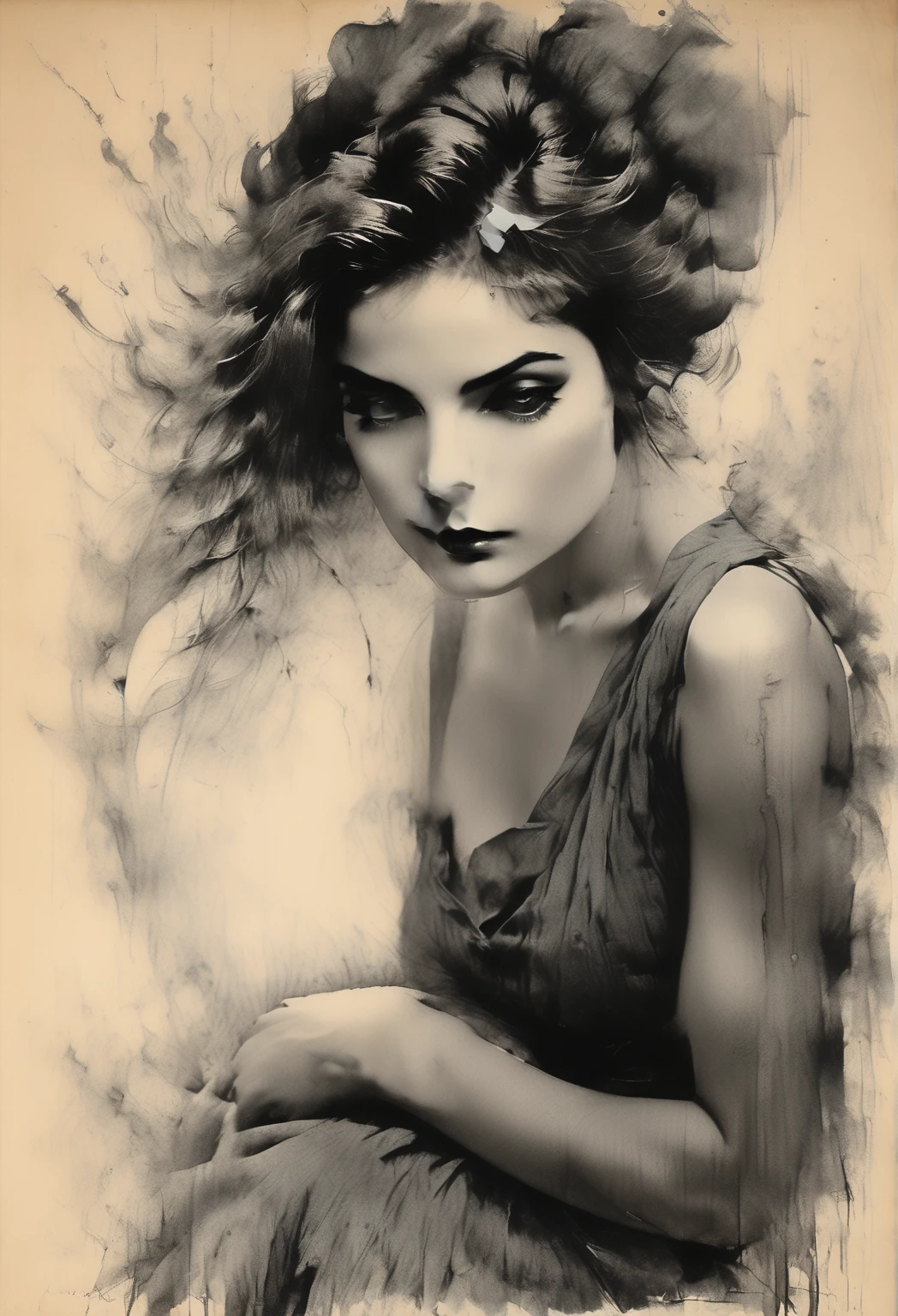   Charcoal Drawing  , pencil drawing , Line art,   Graphite Drawing  , coloring paper,   Masterpiece , ( Nude 1920's Pinup Girl by Conrad Roset, Nicola Samori), ( Intentionally Beautiful : 1.4), ( Black Evening Dress , pretty face ,  long hair, Blonde), Silver Light ), Better lighting,  click here for details, Beauty.  Work by Antonio Mora , , Arthur Bordallo,  Bob Ringwood ,  Benedict Bunn ,　Staring at the night sky 。 sheds tears。