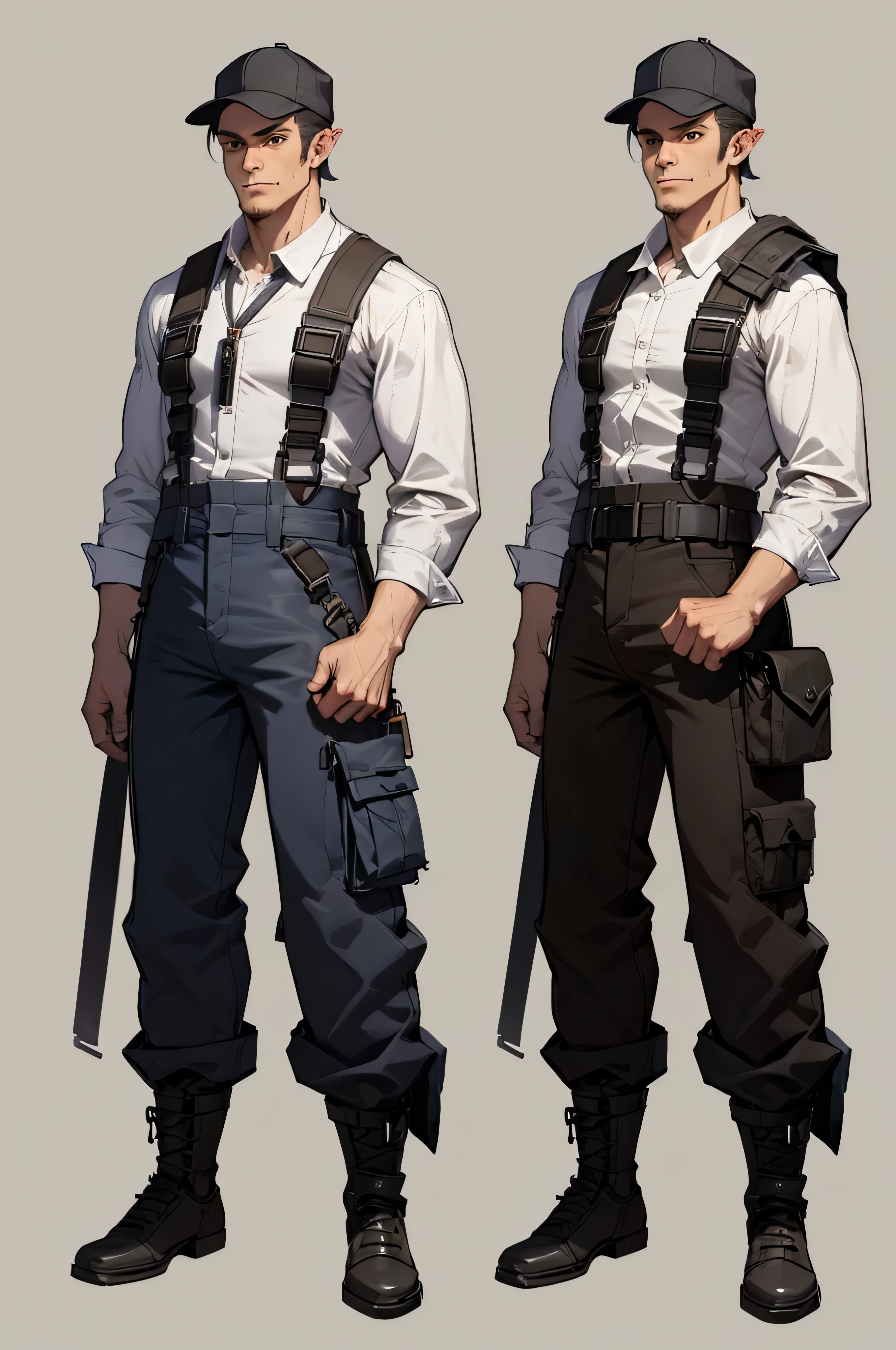 male mechanical worker, detailed full body concept art, full body character concept, full body concept, work clothes, full body concept art, beige mechanic outfit, full body character design, character design, full body character concept art, clothing concept, male tall half orc, black cap, black duffle bag, holding a wrench, pants, long sleeves