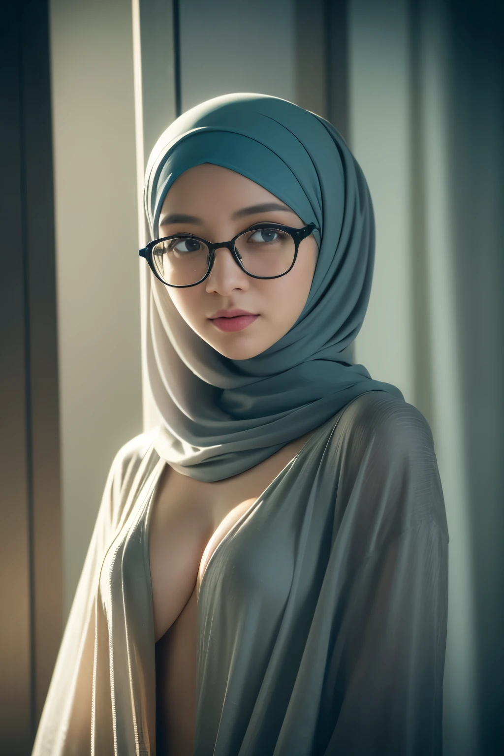 cowboy_pose,naughty, (iu:0.8),cleavage, RAW, Best quality, high resolution, Masterpiece: 1.3, Beautiful glasses sexy hijabi in elaborate , Masterpiece, Soft smile
