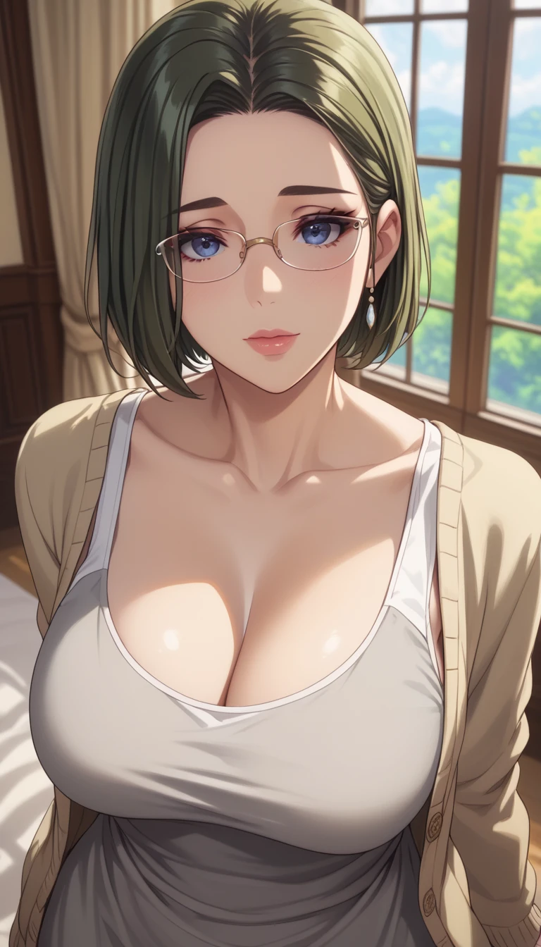 (masterpiece, best_quality:1.2), 1girl, solo, mature female, dark-green hair, bob cut, (glasses, grey dress tank top, cardigan), beautiful eyes, female focus, looking at viewer, large breast, cleavage, wide hips, ((above view)) ((close up shot)) ((solo)) detailed, very high resolution, no blurry image, standing, beautiful, elegant, serene expression, intricate details, detailed background, indoors:1.3