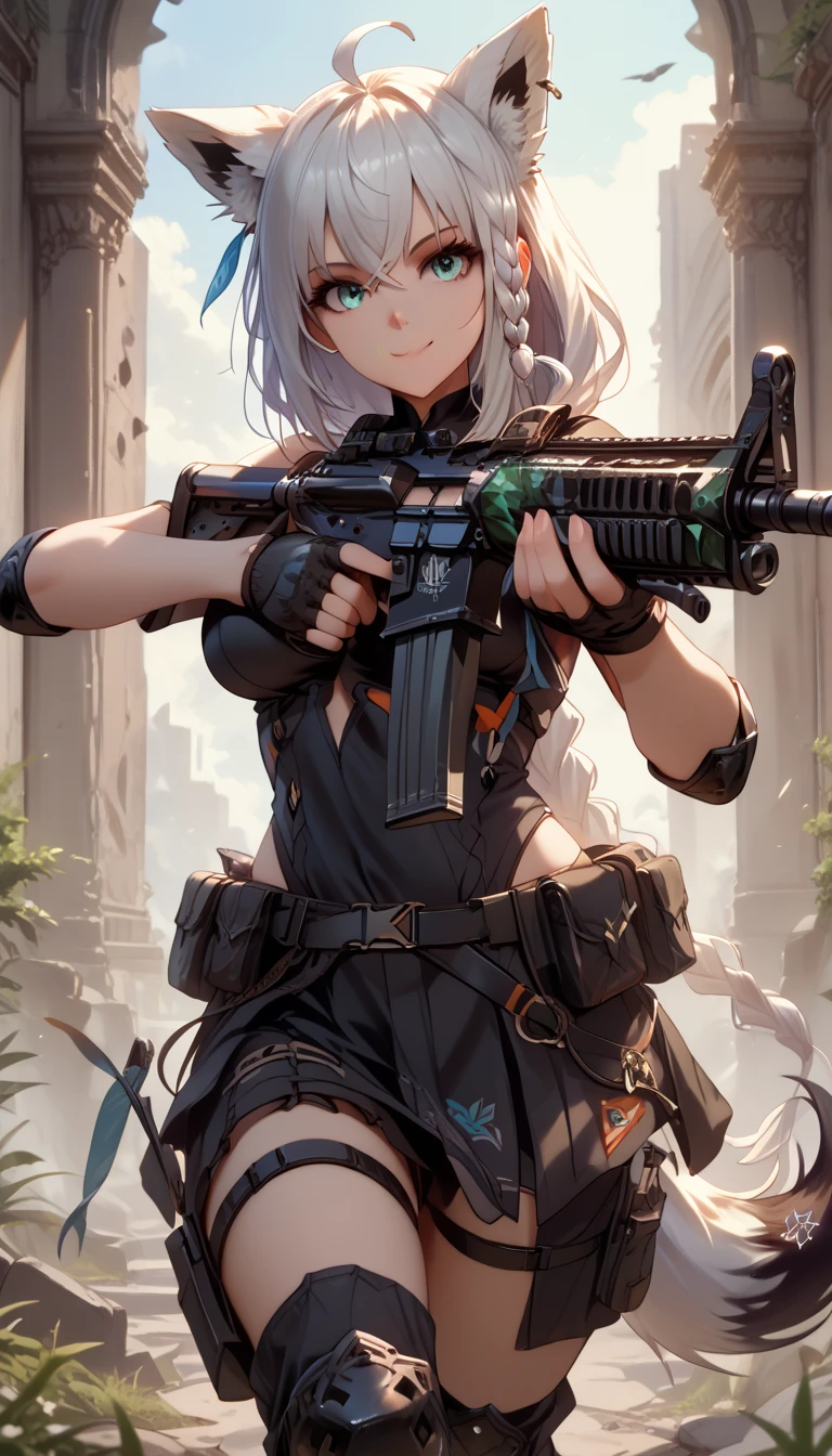 ultra-detailed, 1girl, solo, fubuki, (masterpiece)), (best quality), (highres), 16K, white hair, single side braid, ahoge, piercing, fox tail, tactical clothes, tactical belt, black thong, knee pads, busty body, large breasts and a beautiful ass, showcasing cleavage, legs, hips, (holding assault rifle), looking at viewer, detailed face, smile, detailed hair, detailed whole body, ruins background
