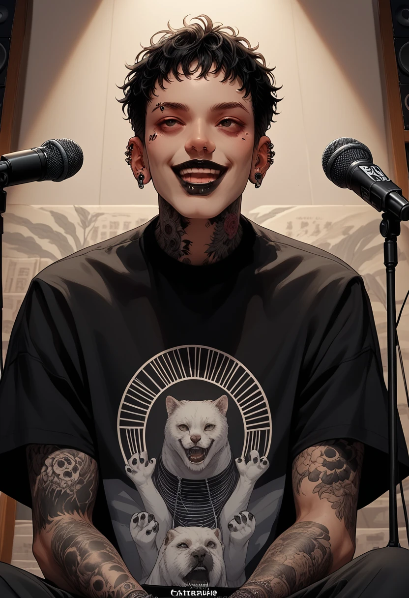 (masterpiece, illustration, best quality:1.2), microphone with melody logo, facing forward, music studio background, charming boy, a boy is singing, full tattoo, rock style, piercing, gothic make-up, rock n roll, solo vocalist, black lips, whole body tattoo, traditional japanese tattoo, black t-shirt, black eyes, detail face, charismatic smile