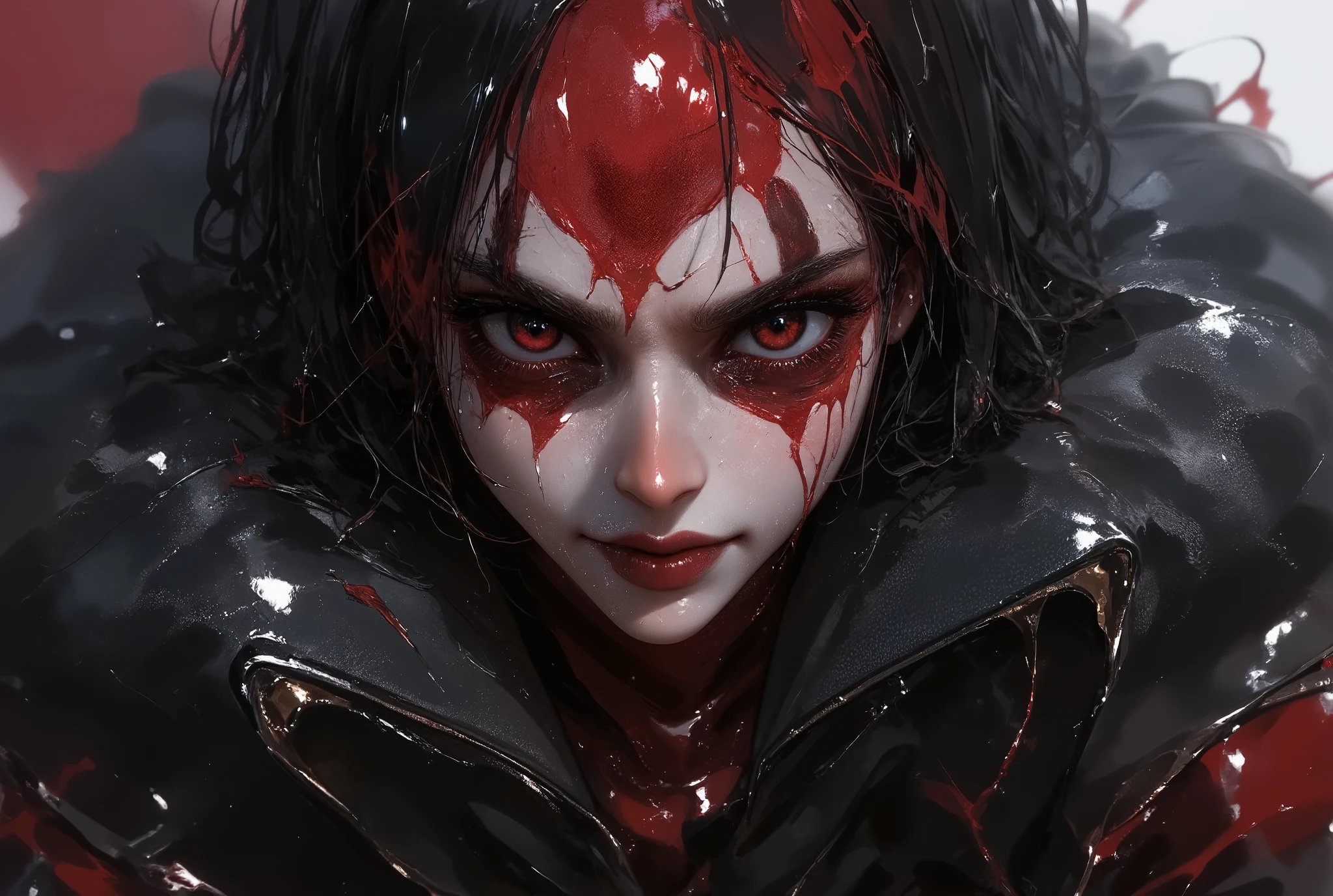 a demonic humanoid woman, night, fall weather, dark, creepy, fire, rain, demonic, glowing red eyes, horror, scary, blood, latex bodysuit, ultra detailed, photorealistic, masterpiece, trending on Artstation.