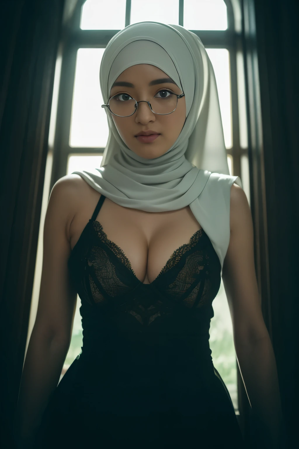 glasses, superhero, mongolian, (((hijabi))), cleavage, reflection light, chiaroscuro, depth of field, cinematic lighting, ray tracing, Sony FE GM, UHD, super detail, masterpiece, textured skin, high details, best quality, award winning，3D,hdr（HighDynamicRange）,Ray tracing,NVIDIA RTX,Hyper-Resolution,Unreal 5,Subsurface scattering、PBR Texture、post-proces、Anisotropy Filtering、depth of fields、maximum definition and sharpness、Many-Layer Textures、Albedo e mapas Speculares、Surface coloring、Accurate simulation octane rendering of light-material interactions、Two-colored light、largeaperture、Low ISO、White balance、the rule of thirds、8K raw data