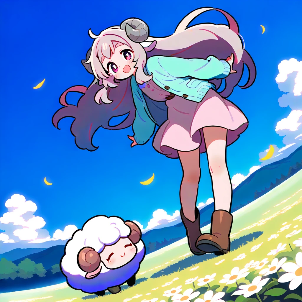 score_9, score_8_up, score_7_up, source_anime, (masterpiece:1.3, best quality:1.3, 8k,  highres icon:1.3, good anatomy), 1girl,  pink fluffy long hair \ Fluffy Long Hair, Sheep&#39;s round horns, Thick eyebrows, smile,  Pink Dress ,  sky blue cardigan ,  brown boots , I have ２ scissors:1.5,  cute BREAK Alphonse Mucha background:1.5