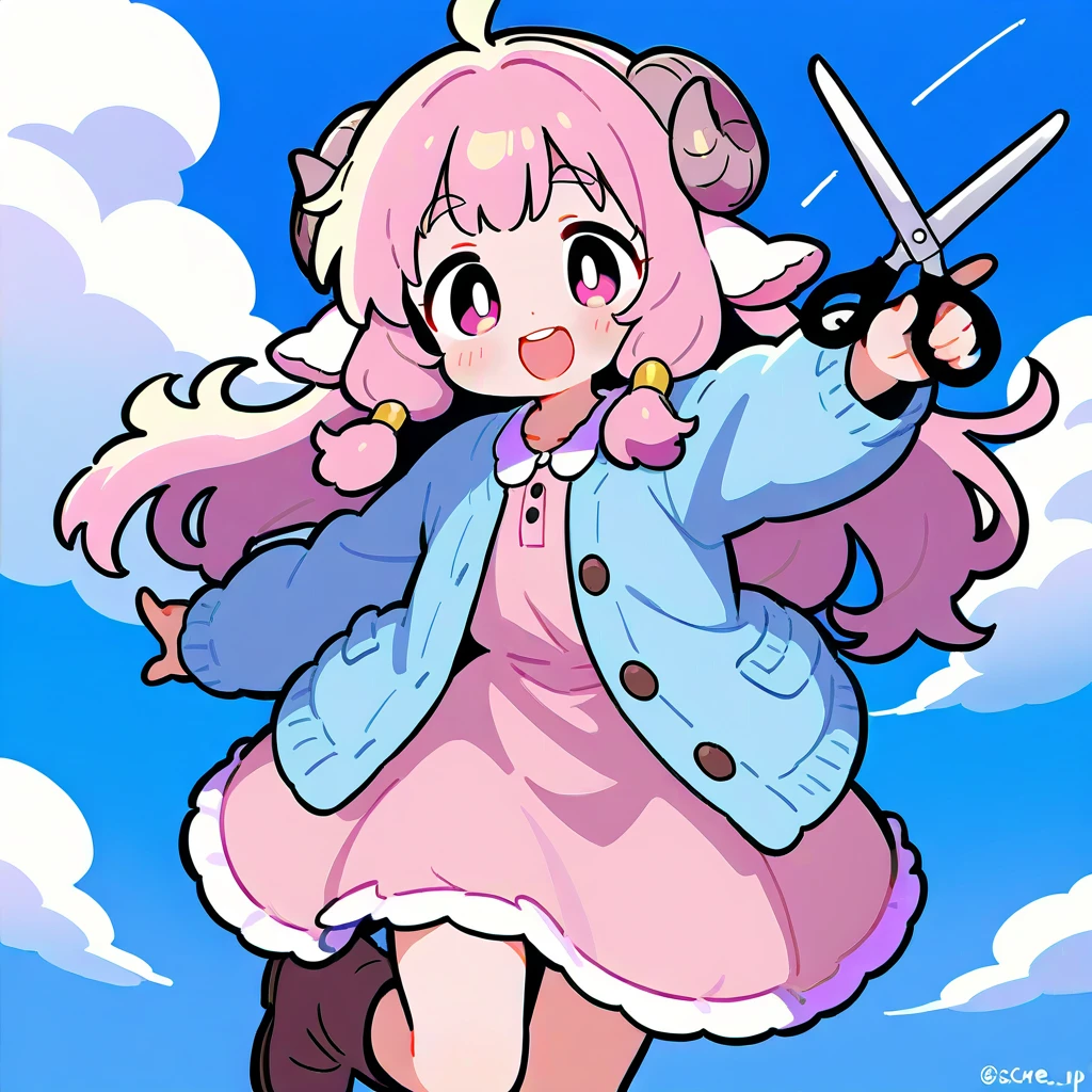 score_9, score_8_up, score_7_up, source_anime, (masterpiece:1.3, best quality:1.3, 8k,  highres icon:1.3, good anatomy), 1girl,  pink fluffy long hair \ Fluffy Long Hair, Sheep&#39;s round horns, Thick eyebrows, smile,  Pink Dress ,  sky blue cardigan ,  brown boots , I have ２ scissors:1.5,  cute BREAK Alphonse Mucha background:1.5