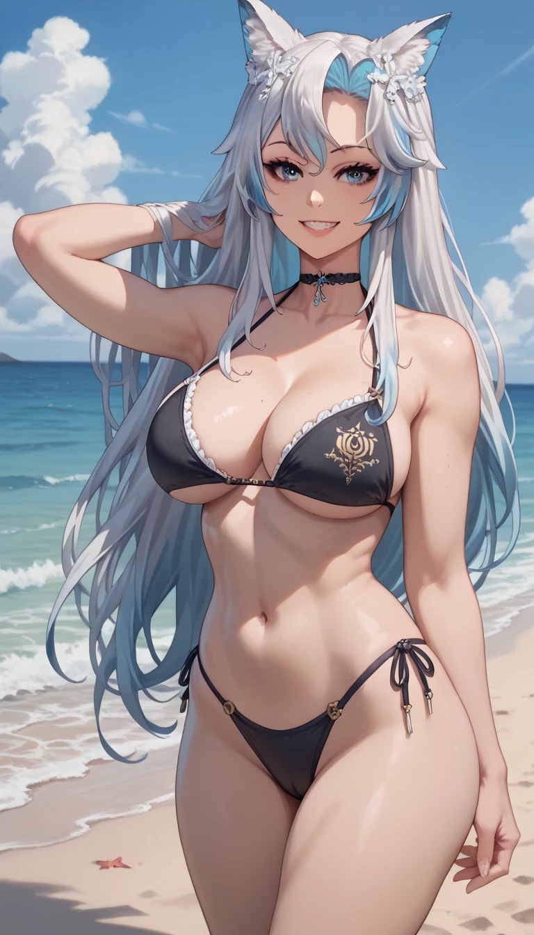 ultra-detailed, 1girl, solo, smalana, (masterpiece)), (best quality), (highres), 16K, wearing black bikini, busty body, large breasts and a beautiful ass, showcasing cleavage, legs, hips, looking at viewer, detailed face, smile, detailed hair, detailed whole body, beach background