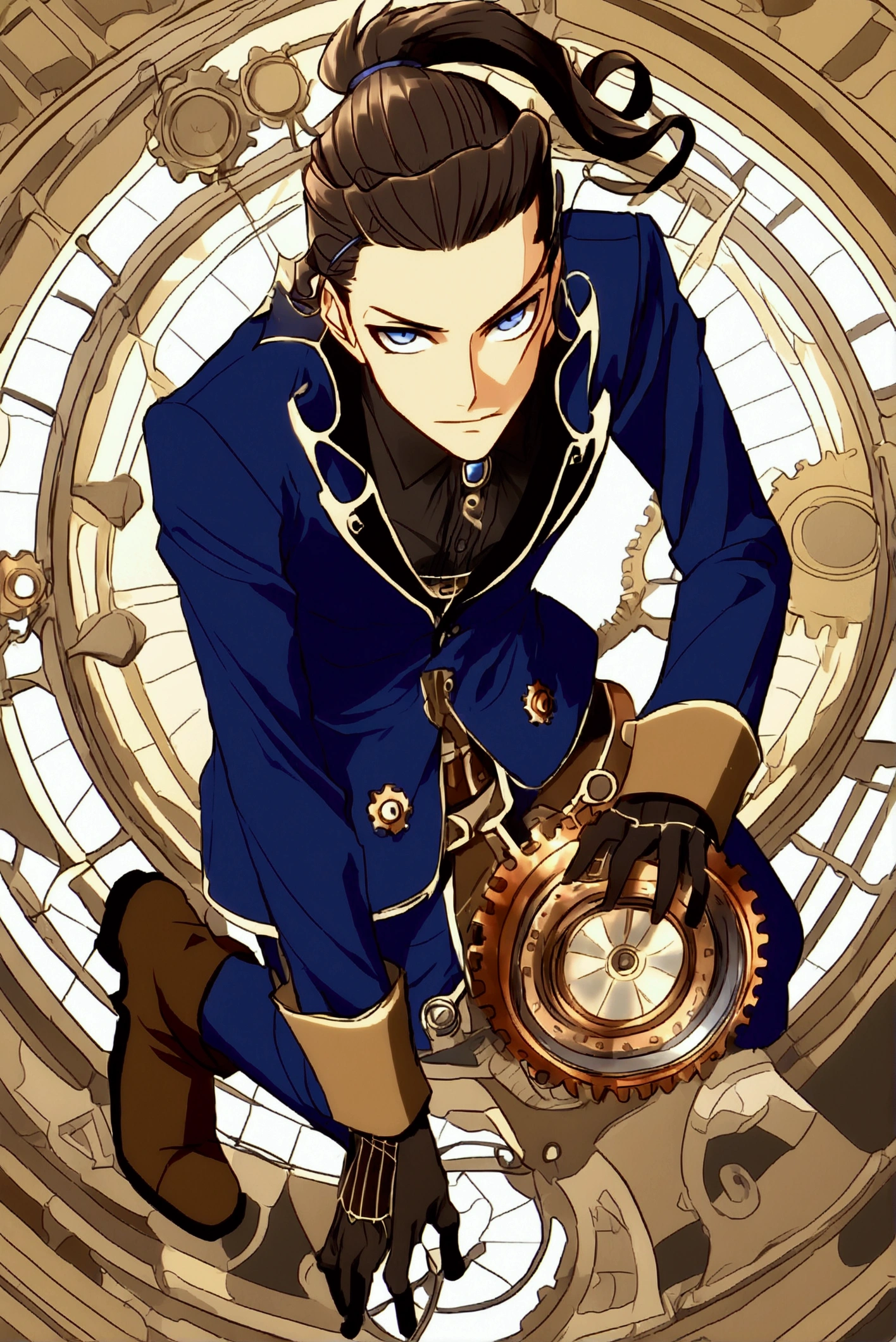 (Detailed), (((normal boy))), ((pelo negro  Ponytail hairstyle )), (( Ponytail hairstyle )), (calm face), ((brown boots)), ((( full body))), ((male)), (black and blue suit), ((solo una persona)), ((steampunk)), ((((solo una persona)))), rage mode