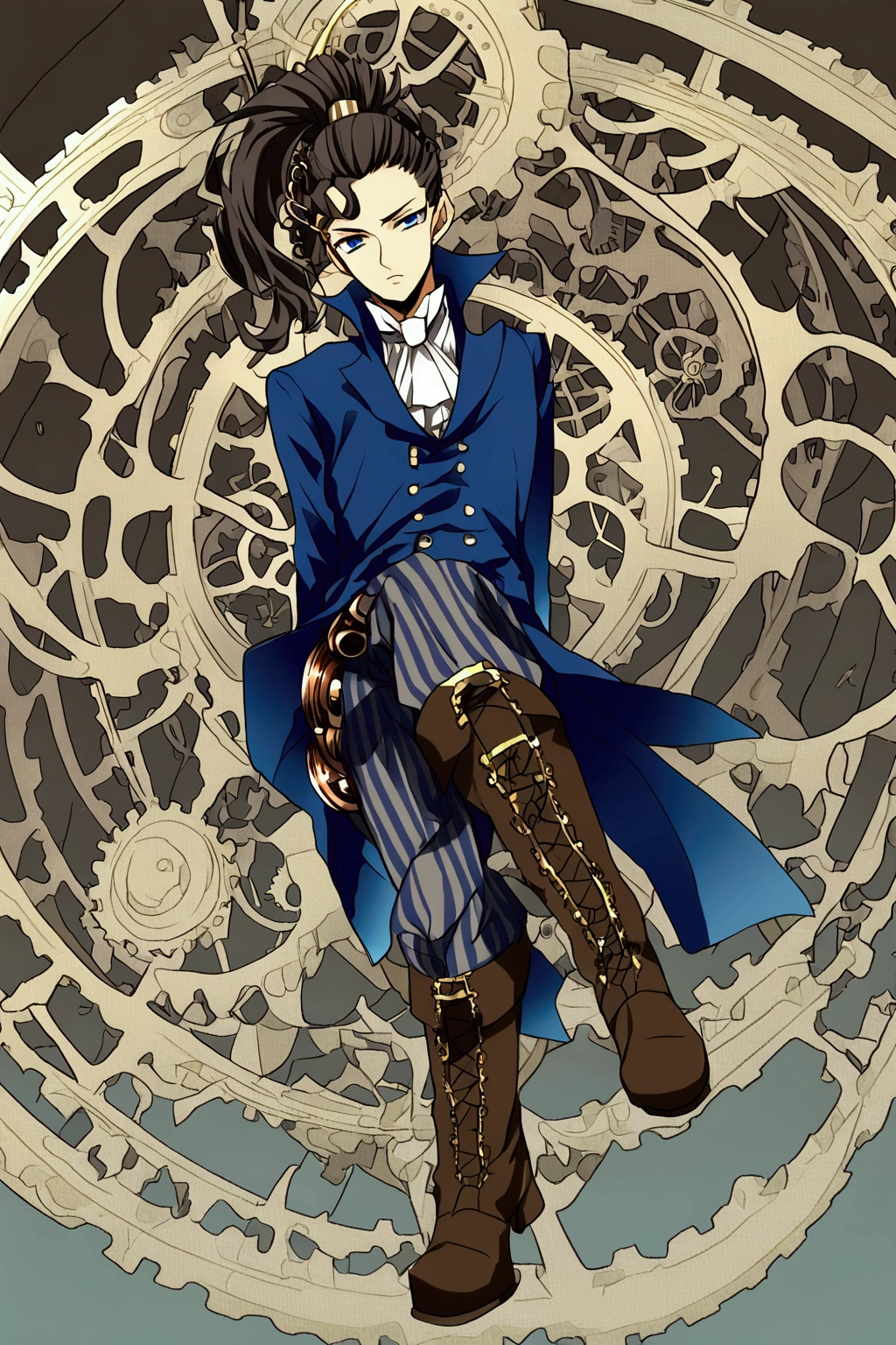 (Detailed), (((normal boy))), ((pelo negro  Ponytail hairstyle )), (( Ponytail hairstyle )), (calm face), ((brown boots)), ((( full body))), ((male)), (black and blue suit), ((solo una persona)), ((steampunk)), ((((solo una persona)))), rage mode