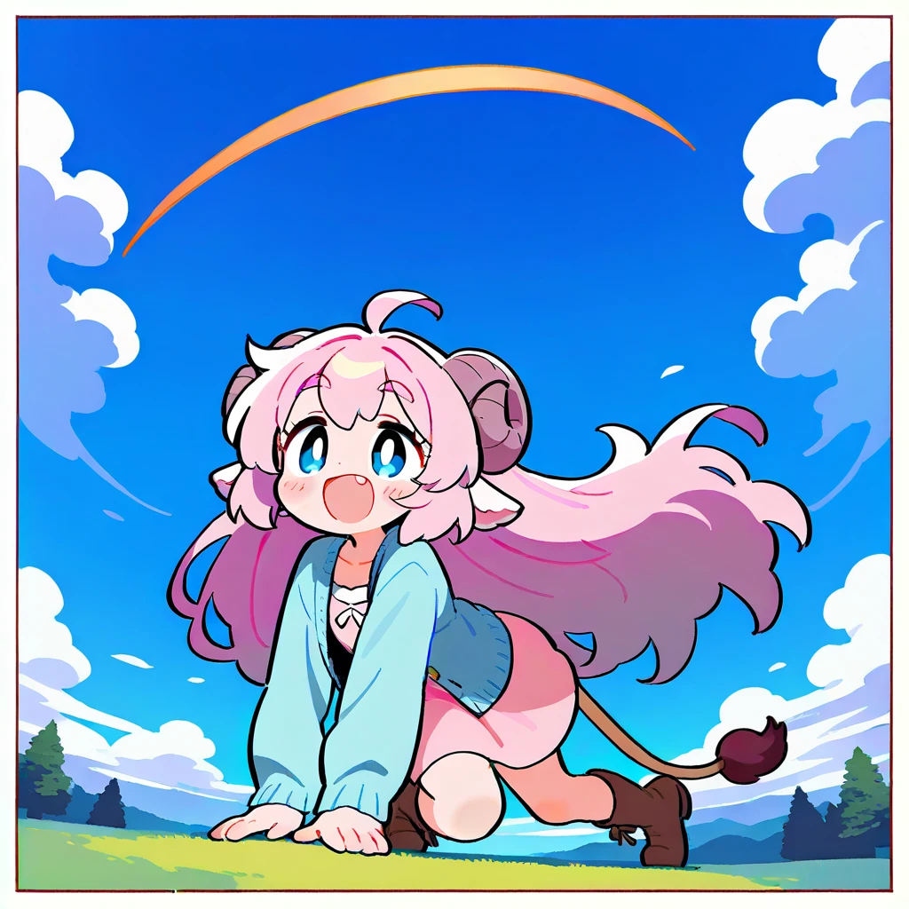 score_9, score_8_up, score_7_up, source_anime, (masterpiece:1.3, best quality:1.3, 8k,  highres icon:1.3, good anatomy), 1girl,  pink fluffy long hair \ Fluffy Long Hair, Sheep&#39;s round horns, Thick eyebrows, smile,  Pink Dress ,  sky blue cardigan ,  brown boots , Lion costume:1.5, Roaring pose,  cute BREAK Alphonse Mucha background:1.5