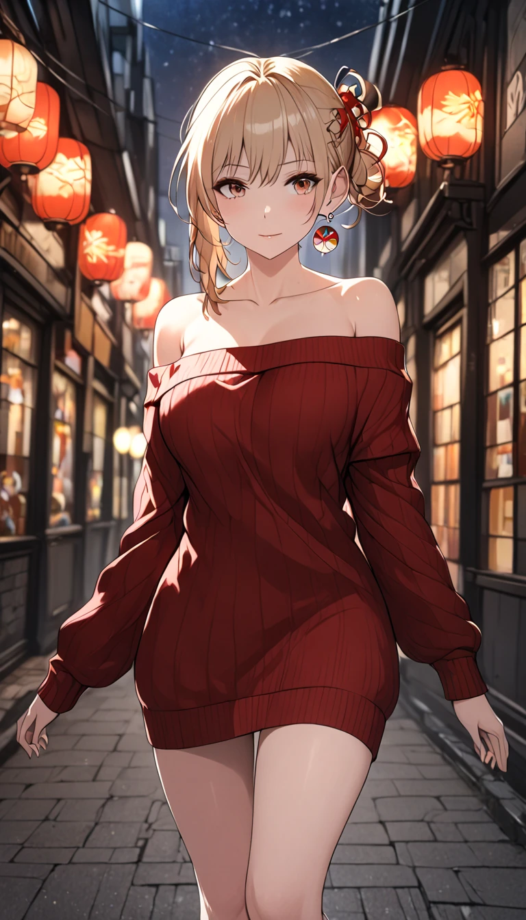 1 women, BREAK bare shoulders, collarbone, dress, long sleeves, off shoulder, off-shoulder dress, off-shoulder sweater, pantyhose, red sweater, sweater, sweater dress, thighs, full body, yoimiya, bangs, blonde hair, hair ornament, hair between eyes, ponytail, sidelocks, orange eyes, light brown hair, whole body, night , street, best quality, masterpiece), 1women ,4k, 8k, uhd, hdr, detailed background,mature female, (negative_v2 Color_Balance_Calibration:0.8),  unaestheticXL_cbp62 , negativeXL_D