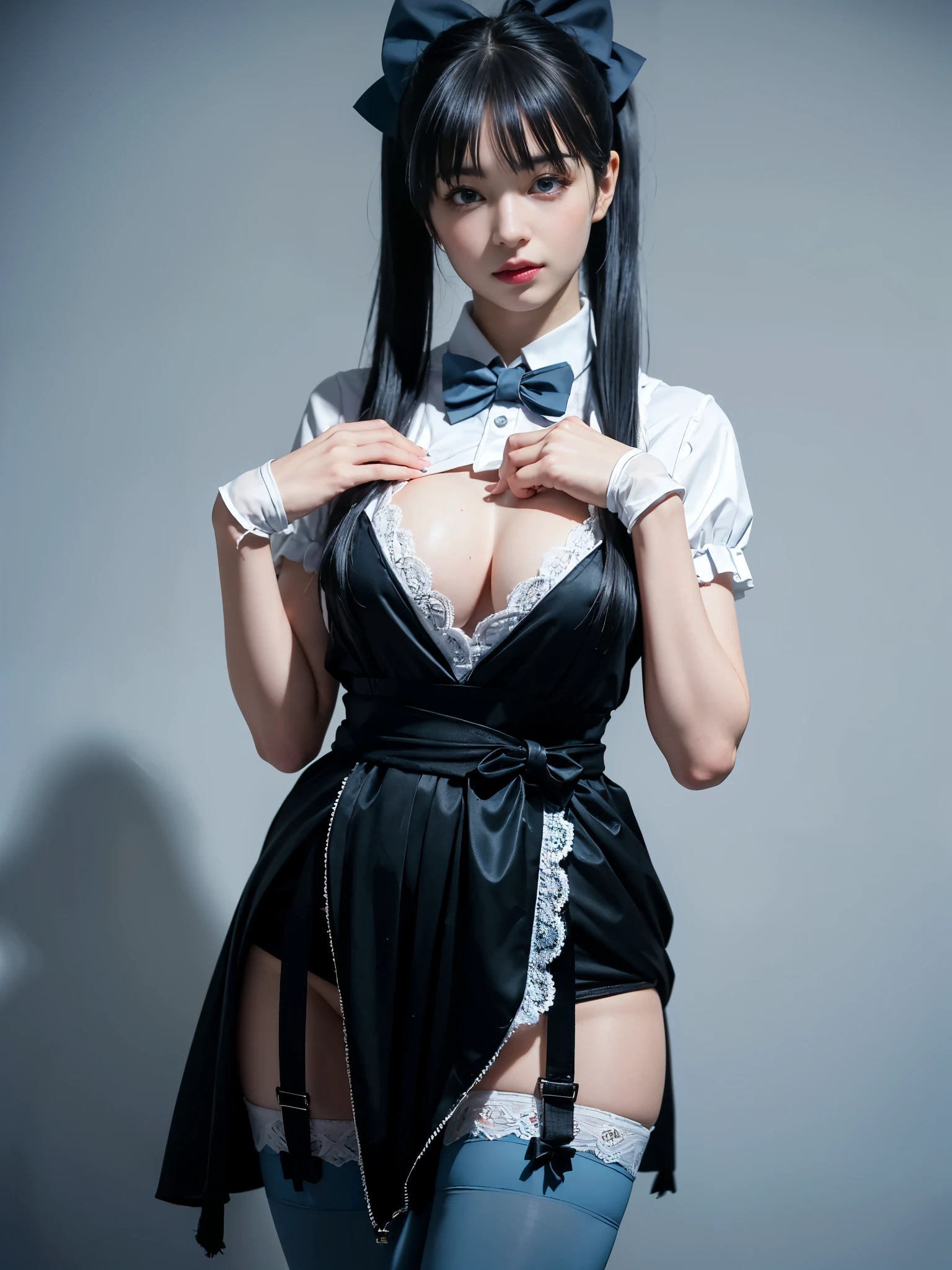 (8K, Raw photo, Best Quality, masutepiece:1.2), high-definition RAW color photography, professional photograpy, (Realistic, photographrealistic:1.37), ((Best Quality)), various attractive posing, full body shot;1.2. 1young girl, asymmetrical legwear, (black bow:1.2), black ribbon, (blue hair:1.5), bow, breasts, gloves,(hair bow:1.3), (very long hair:1.2), simple background, standing, striped bow, thighhighs, white background, white gloves, (lace legwear:1.2), Delicate hands, detailed fingers, five fingers, (one hand pinching the waist:1.3), (twintails:1.3), realhands, nsfw