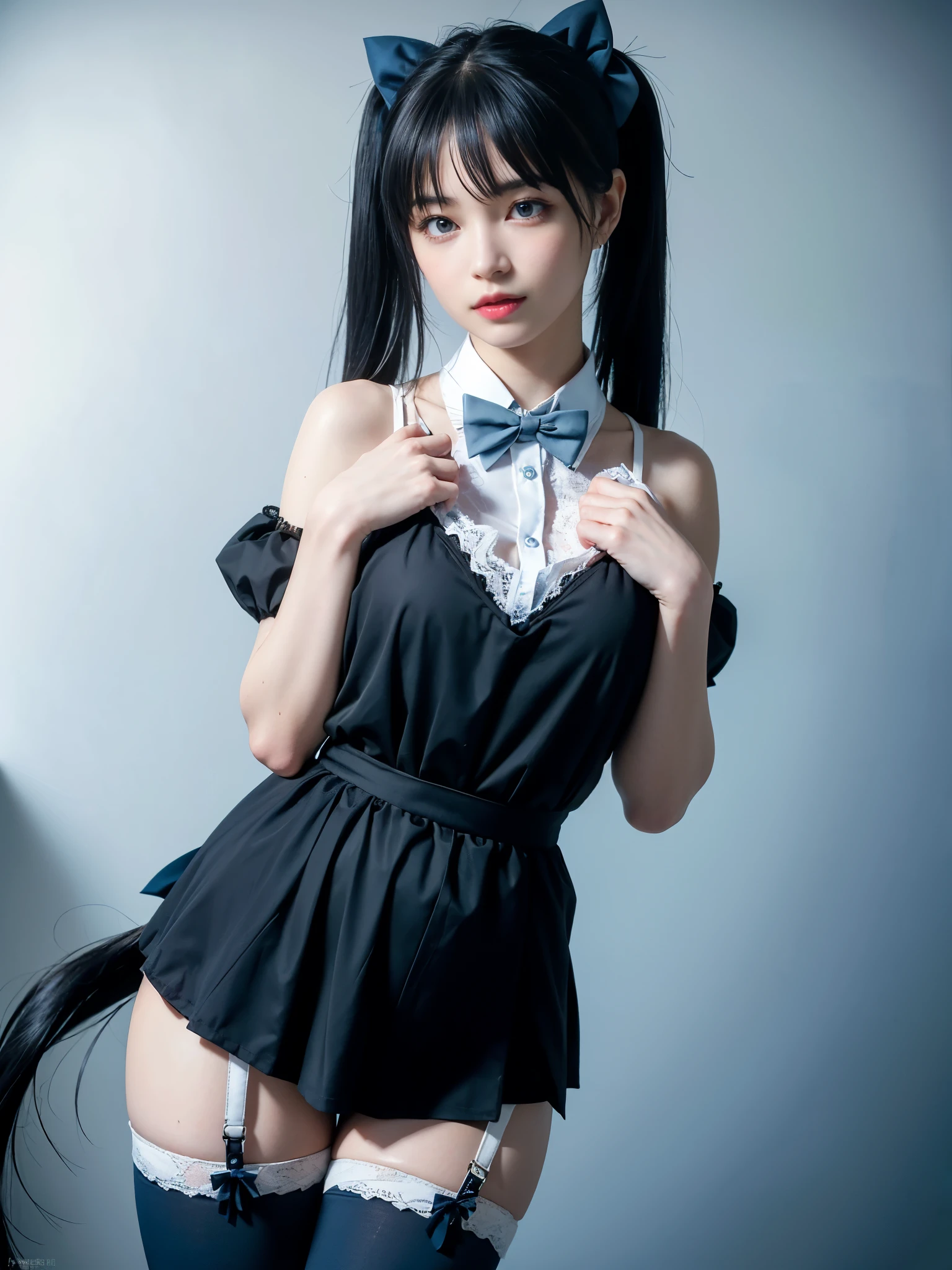 (8K, Raw photo, Best Quality, masutepiece:1.2), high-definition RAW color photography, professional photograpy, (Realistic, photographrealistic:1.37), ((Best Quality)), various attractive posing, full body shot;1.2. 1young girl, asymmetrical legwear, (black bow:1.2), black ribbon, (blue hair:1.5), bow, breasts, gloves,(hair bow:1.3), (very long hair:1.2), simple background, standing, striped bow, thighhighs, white background, white gloves, (lace legwear:1.2), Delicate hands, detailed fingers, five fingers, (one hand pinching the waist:1.3), (twintails:1.3), realhands, nsfw