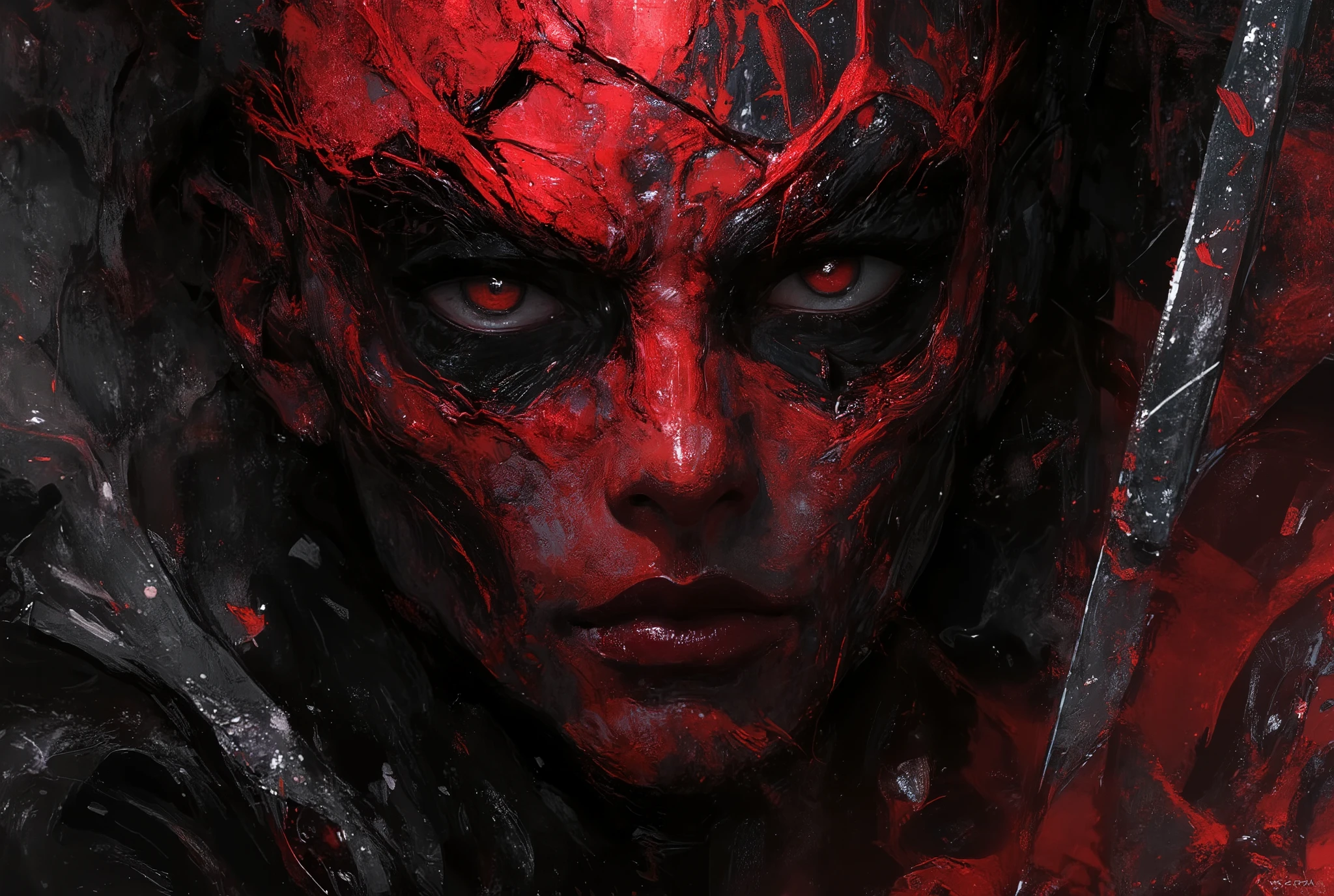 A painting of a female Nicole Scherzinger demonic creature with a bloodied face and a bloodied head, very detailed head, carnage, Sci - Horror Art of Fiction, Science fiction horror artwork, inspired by Aleksi Briclot, Crocs de carnage, Horror fantasy art, par Aleksi Briclot, Horror concept art, venin, Art fantastique et horreur, Detailed illustration of 4K horror, Demonic creature, Dark Fantasy Horror Art, black and red and platinum colours