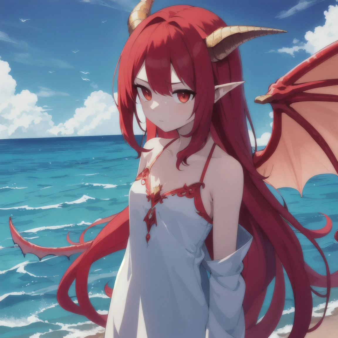 sfw, (cowboy shot), (ultra-high resolution, depth of field:1.3), 1woman, elegant, (((tan skin))) ((light red hair)), long hair, (single braid), choker, (hazel eyes:1.1), white pupils, succubus, (bat wings on the head), pointy ears, medium breasts, (intricate white sundress), belt, confident smile, beach, nearshore, (bar)