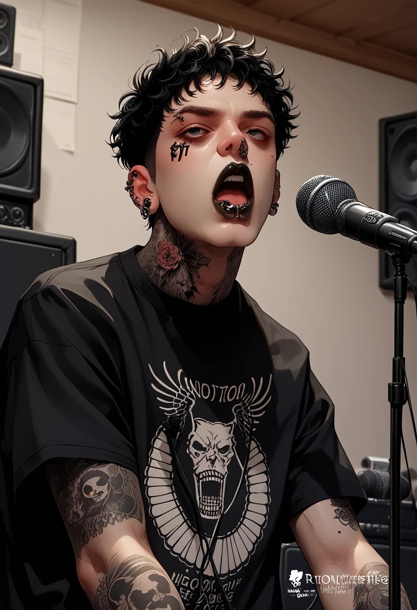 (masterpiece, illustration, best quality:1.2), microphone with melody logo, facing forward, music studio background, charming boy, a boy is singing, full tattoo, rock style, piercing, gothic make-up, rock n roll, solo vocalist, black lips, whole body tattoo, traditional japanese tattoo, black t-shirt, black eyes, detail face, arrogant face