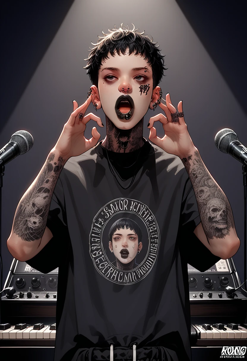 (masterpiece, illustration, best quality:1.2), microphone with melody logo, facing forward, music studio background, charming boy, a boy is singing, full tattoo, rock style, piercing, gothic make-up, rock n roll, solo vocalist, black lips, whole body tattoo, traditional japanese tattoo, black t-shirt, black eyes, detail face, closed lips pose, short hair