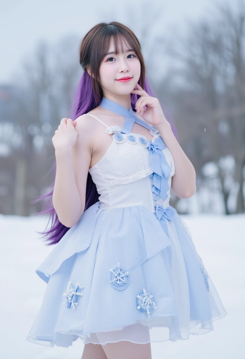 smiling, , japan girl, two-tone Hairstyle, very long hair, purple hair, medium breasts, pinkish-white shiny Skin, dress with snowflakes, snow ice, Cold weather, full body, Standing, full body