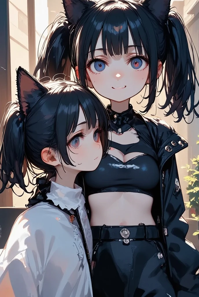  it's a sad room where there are two girls hugging each other, but both looking at the spectator ,  one girl the one who embraces the other has black pigtails ,  and the one who is hugged has short black hair 