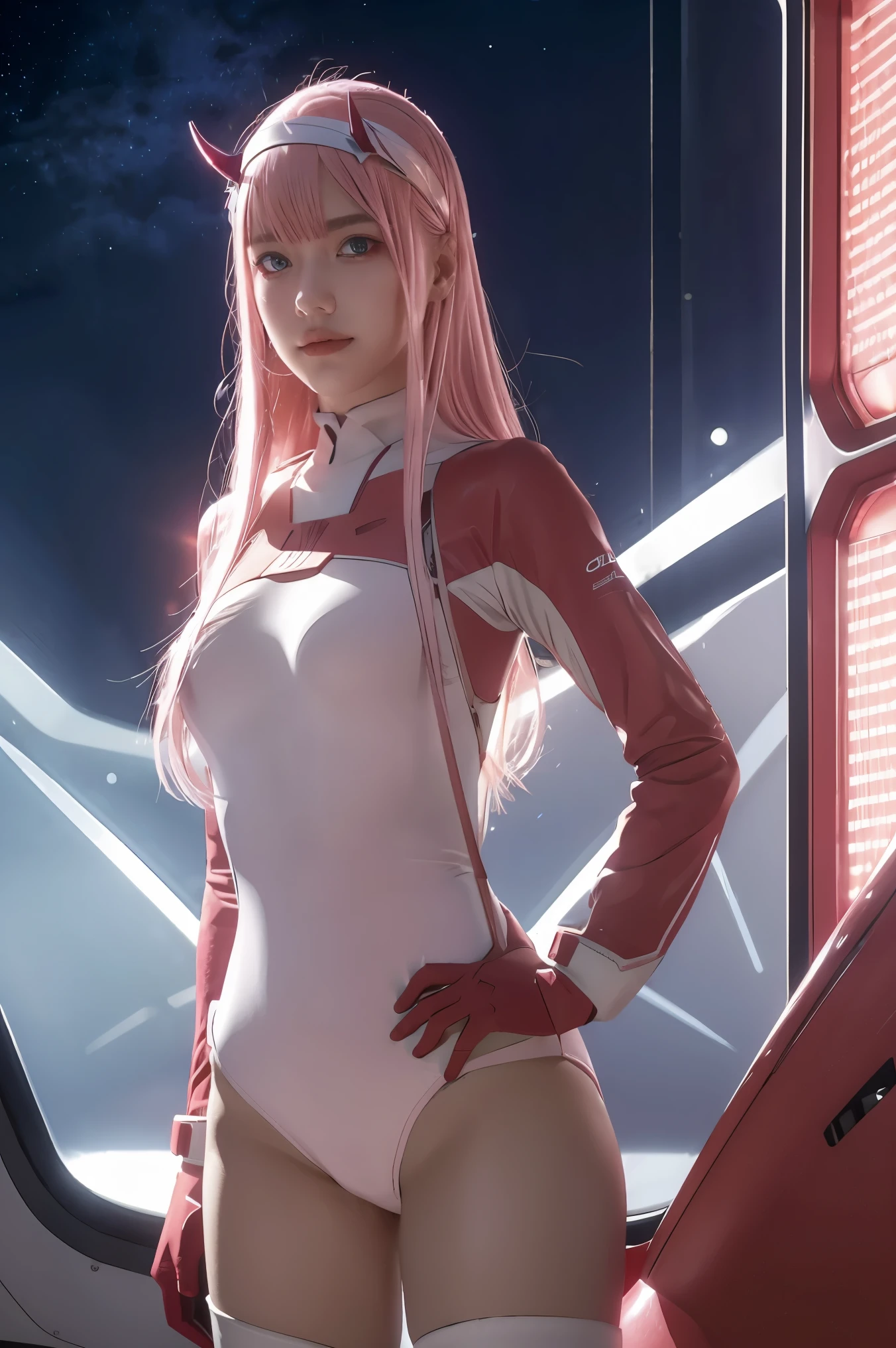 dynamic angle,ultra-detailed, illustration, straight on, 1girl, ((Zero two, interface headband with a pair of horns, red bodysuit:1.4, pink hair)), Her eyes shone like dreamy stars,(glowing eyes:1.233),(beautiful and detailed eyes:1.1),(expressionless, closed mouth),(standing), (mechanic room with tools and spaceship window in a white SPACESHIP), (night:1.2), dreamy, [[delicate fingers and hands:0.55]::0.85],(detail fingers), smirk,