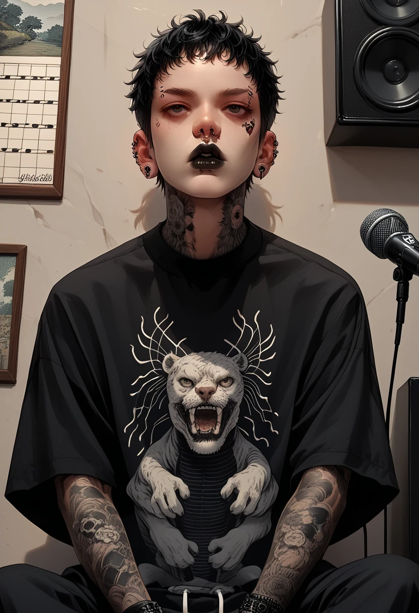 (masterpiece, illustration, best quality:1.2), microphone with melody logo, facing forward, music studio background, charming boy, full tattoo, rock style, piercing, gothic make-up, rock n roll, solo vocalist, black lips, whole body tattoo, traditional japanese tattoo, black t-shirt, black eyes, detail face, short hair