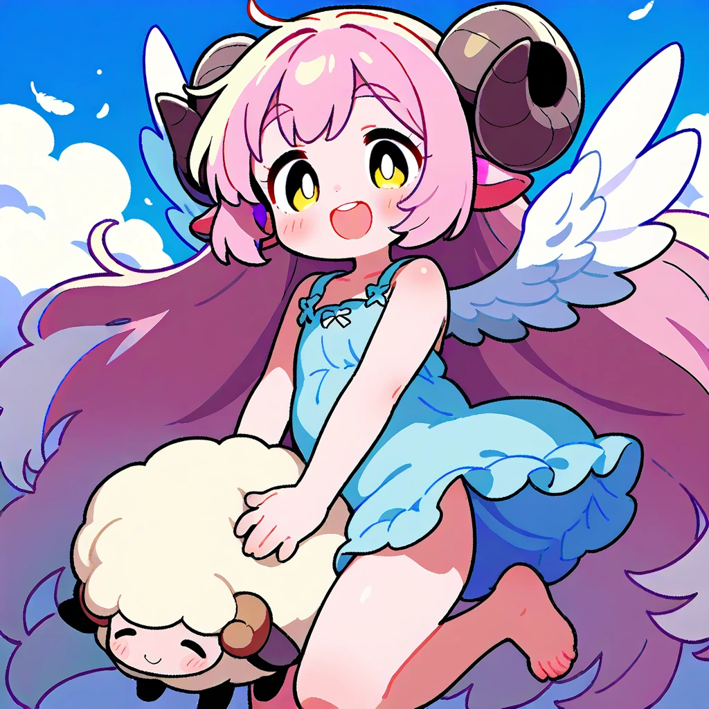 score_9, score_8_up, score_7_up, source_anime, (masterpiece:1.3, best quality:1.3, 8k,  highres icon:1.3, good anatomy), 1girl,  pink fluffy long hair \ Fluffy Long Hair, Sheep&#39;s round horns, Thick eyebrows, smile, Pink sleeveless dress, Angel Wings, barefoot:1.5,  cute BREAK Alphonse Mucha background:1.5