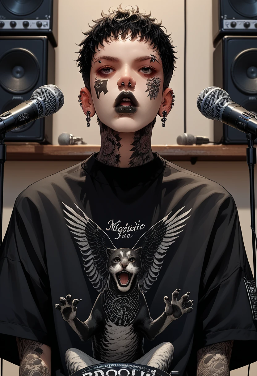 (masterpiece, illustration, best quality:1.2), microphone with melody logo, facing forward, music studio background, charming boy, full tattoo, rock style, piercing, gothic make-up, rock n roll, solo vocalist, black lips, whole body tattoo, traditional japanese tattoo, black t-shirt, black eyes, detail face, short hair, microphone positioned on the side