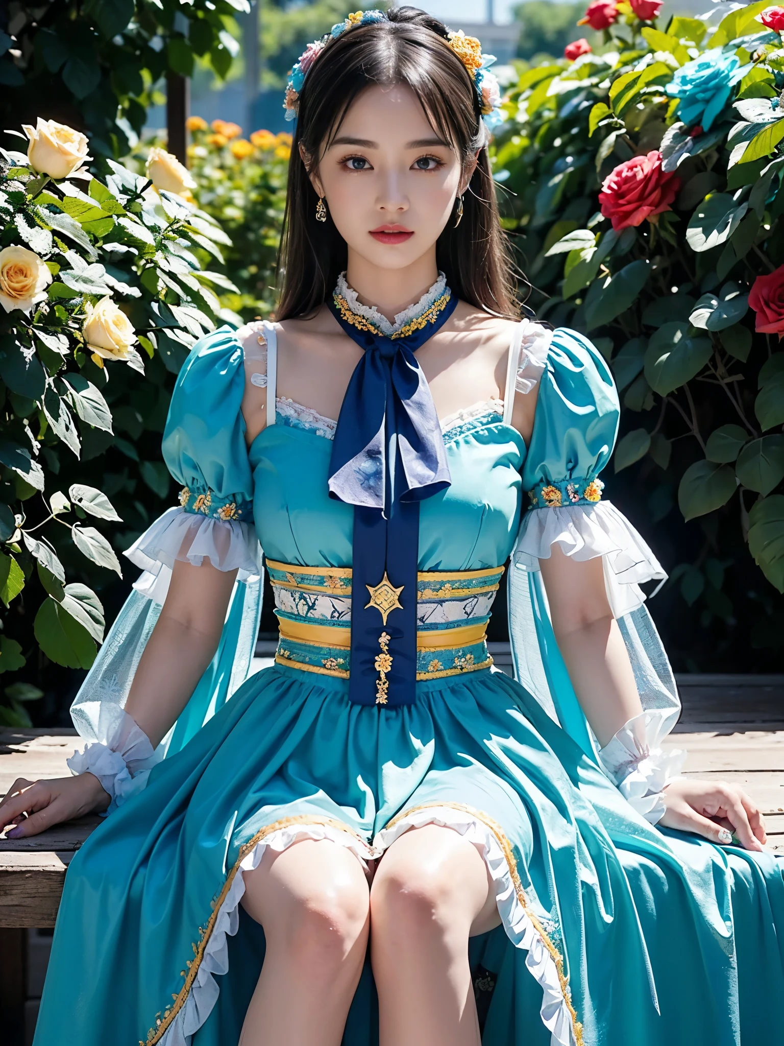 (masterpiece、top-quality、top-quality、Official art、Beautifully Aesthetic:1.2)、(One girl:1.3)、A highly detailed、(Fractal Art:1.1)、(colourfull:1.1), (florals:1.3)、The most detailed、(Zentangle:1.2)、full body Esbian、(Blue sky and rose garden:1.3)、(shinny skin)、(Many colors:1.4), (pluma:1.5)、masterpiece、top-quality、top-quality、Official art、Beautifully Aesthetic:1.2)、(1girl in)、ighly detailed、(Fractal Art:1.3)、colourfull、highestdetailed、long、A dark-haired、big eye、Women in Japan、(Ruffle frills, extremely detailed Chiffon Lace Ribbon Suspenders, (turquoise blue and yellow Stripe Design Pastel Coloring extremely detailed dress),extremely detailed Big Ribbon Headband, extremely detailed Open Colorborn, extremely detailed puff sleeves, extremely detailed Tied thin ribbon corset, extremely detailed Balloon skirt, extremely detailed White Net Tights, Colorful star-shaped bead accessories)、Cute table、Drinking tea、Tea、teapot、macaroons, You can see the castle behind