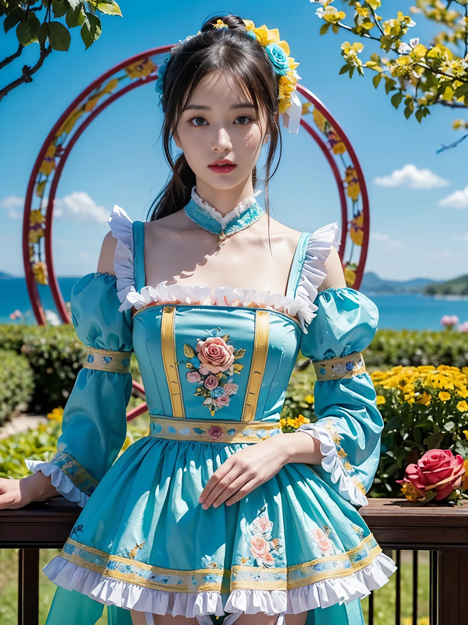 (masterpiece、top-quality、top-quality、Official art、Beautifully Aesthetic:1.2)、(One girl:1.3)、A highly detailed、(Fractal Art:1.1)、(colourfull:1.1), (florals:1.3)、The most detailed、(Zentangle:1.2)、full body Esbian、(Blue sky and rose garden:1.3)、(shinny skin)、(Many colors:1.4), (pluma:1.5)、masterpiece、top-quality、top-quality、Official art、Beautifully Aesthetic:1.2)、(1girl in)、ighly detailed、(Fractal Art:1.3)、colourfull、highestdetailed、long、A dark-haired、big eye、Women in Japan、(Ruffle frills, extremely detailed Chiffon Lace Ribbon Suspenders, (turquoise blue and yellow Stripe Design Pastel Coloring extremely detailed dress),extremely detailed Big Ribbon Headband, extremely detailed Open Colorborn, extremely detailed puff sleeves, extremely detailed Tied thin ribbon corset, extremely detailed Balloon skirt, extremely detailed White Net Tights, Colorful star-shaped bead accessories)、Cute table、Drinking tea、Tea、teapot、macaroons, You can see the castle behind