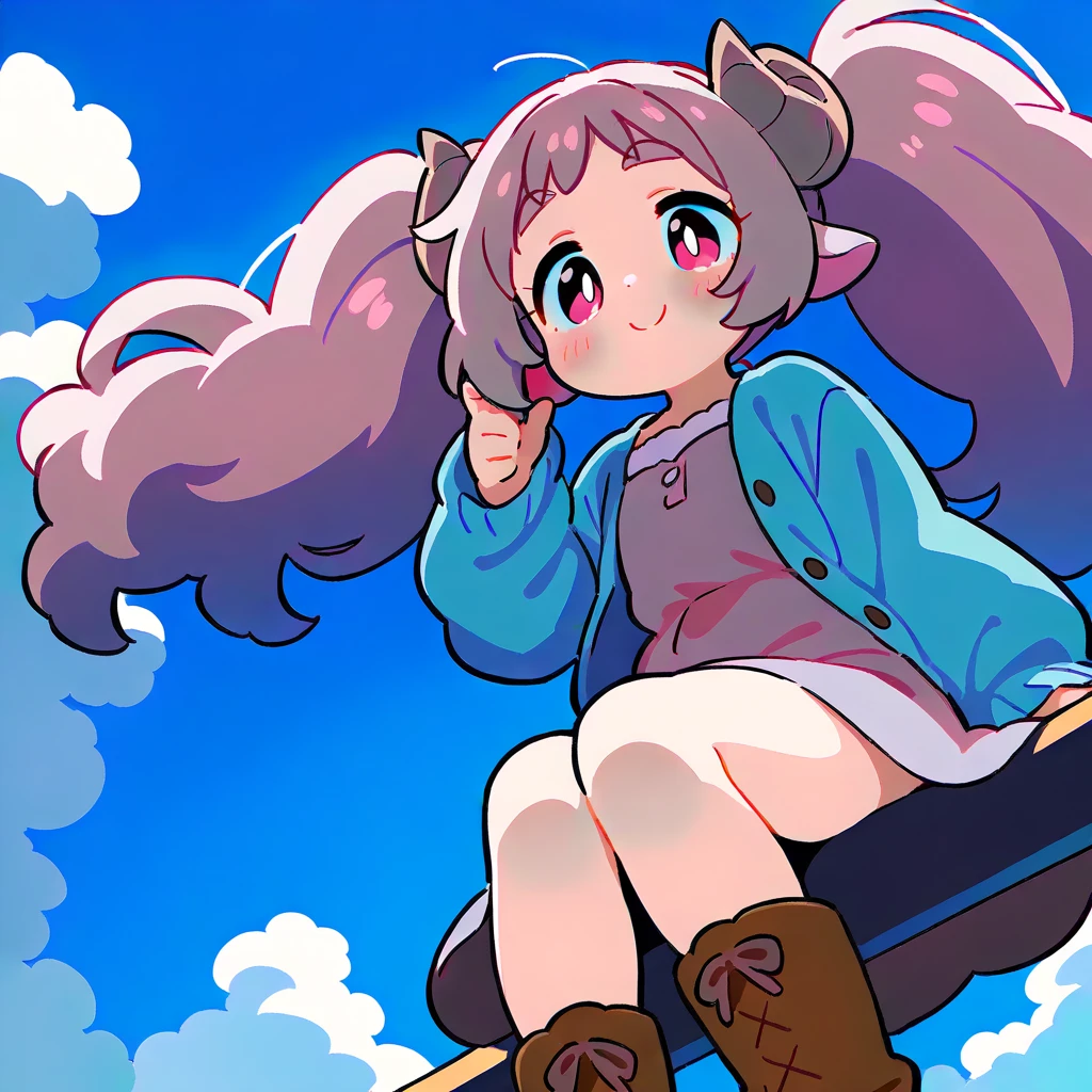 score_9, score_8_up, score_7_up, source_anime, (masterpiece:1.3, best quality:1.3, 8k,  highres icon:1.3, good anatomy), 1girl,  pink fluffy long hair \ Fluffy Long Hair, Sheep&#39;s round horns, Thick eyebrows, smile,  Pink Dress ,  sky blue cardigan ,  brown boots , Sitting on a balance:1.5,  cute BREAK Alphonse Mucha background:1.5