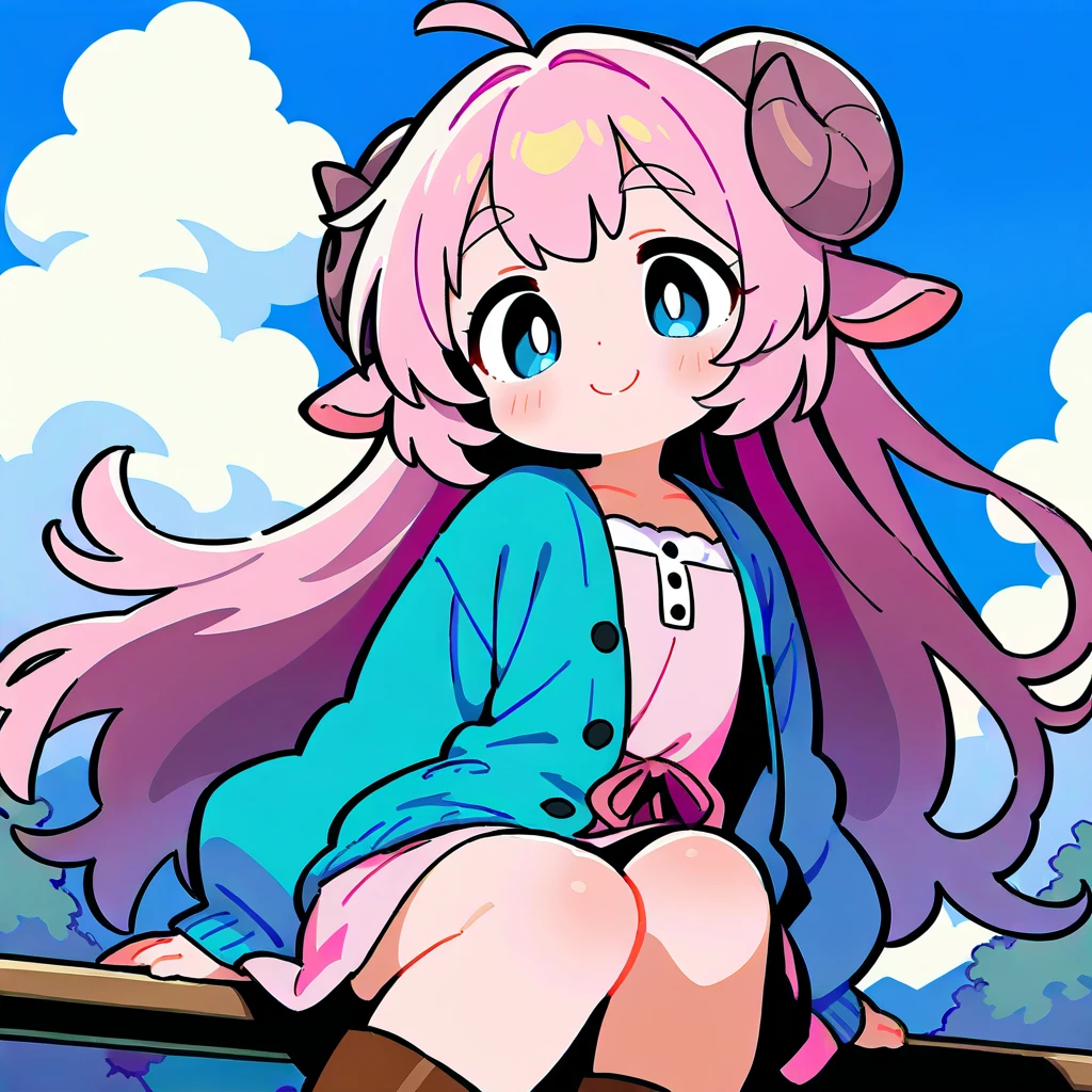 score_9, score_8_up, score_7_up, source_anime, (masterpiece:1.3, best quality:1.3, 8k,  highres icon:1.3, good anatomy), 1girl,  pink fluffy long hair \ Fluffy Long Hair, Sheep&#39;s round horns, Thick eyebrows, smile,  Pink Dress ,  sky blue cardigan ,  brown boots , Sitting on a balance:1.5,  cute BREAK Alphonse Mucha background:1.5