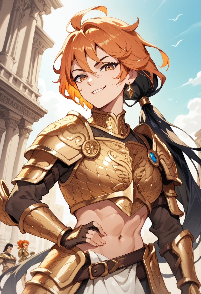 orange hair, two-tone black hair, low ponytail, golden armor, scale armor, snake eyes, greek city, thief, smirk