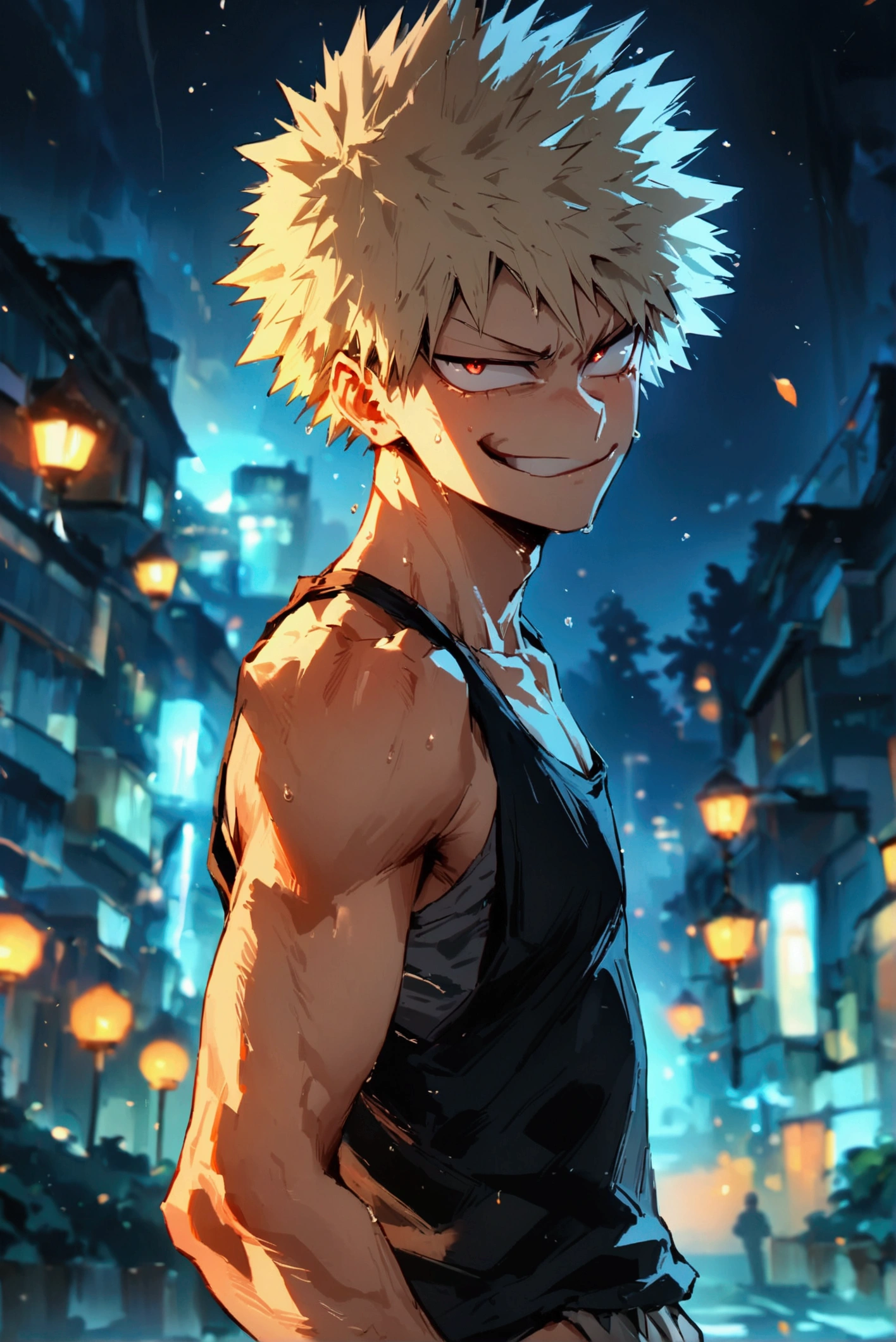 Solo, High Resolution, Detail, High Details, High Quality, Spiked Hair, ash blonde hair, choppy bangs, Red Eyes, Smirk, Smug, Determined, Katsuki Bakugo, Canon, Backlighting, my hero academia, wearing a simple black tank top and baggy grey sweatpants, hands shoved in his pockets, single man, standing, From Side, accurate to the anime