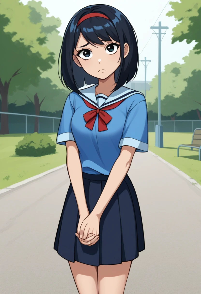 KPYoriGirl, score_9, 1girl, solo, blue shirt, skirt, outdoors, in school, worried, holding hands together, frown, looking at viewer