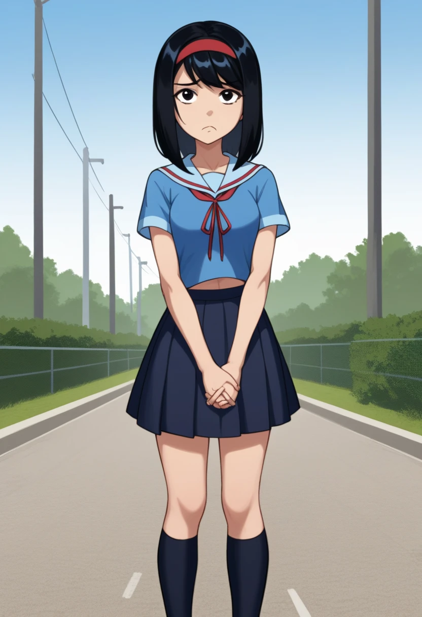 KPYoriGirl, score_9, 1girl, solo, blue shirt, skirt, outdoors, in school, worried, holding hands together, frown, looking at viewer