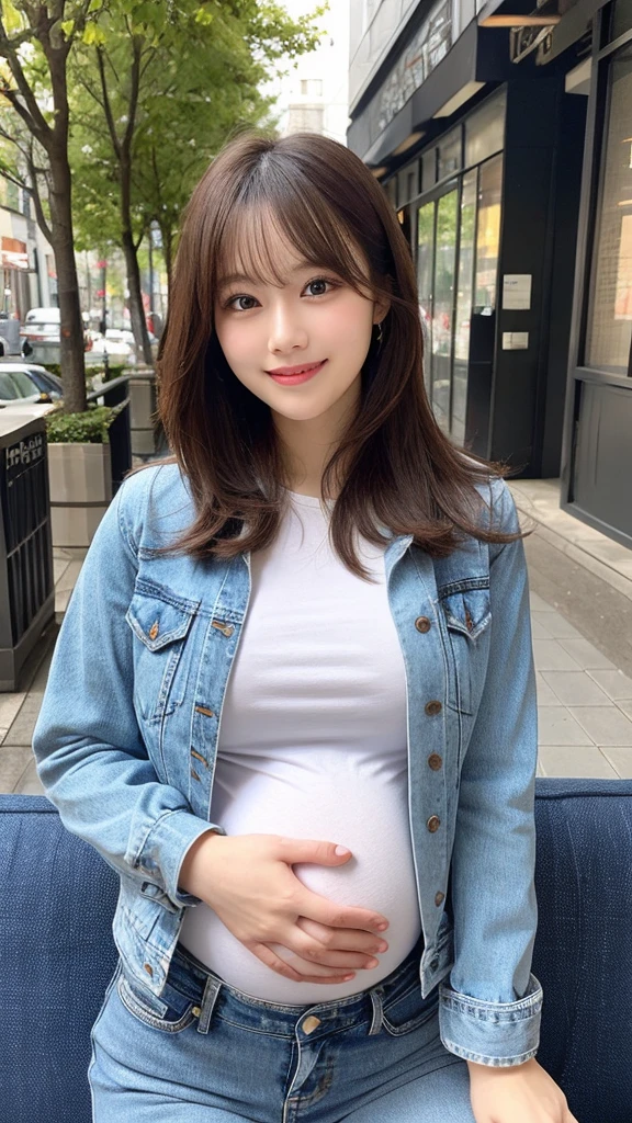 Pregnancy,Big belly,Pregnancy後期,massive belly,Very big belly,Pregnancyしている女性,View here,校服, Best Quality, Ultra-detailed, finely detail, hight resolution, 8K Wallpaper, Perfect dynamic composition, Beautiful detailed eyes, doress,Medium Hair, Big breasts, Natural Color Lip, Random and sexy poses,Smile,Aoyama Street Walk、A 24-year-old girl