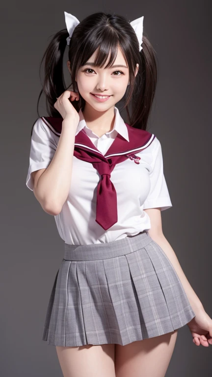 Japanese junior high school student, small breasts, neat, serious, honor student, in front of a white wall, cute woman, normal face, looking up, smiling, half-opened, Japanese woman, figure, real, erection, slender body, dark skin Sunburn marks on torso, double teeth, spread legs, front angle, very small breasts, body, short stature, otaku girl, very young, wearing