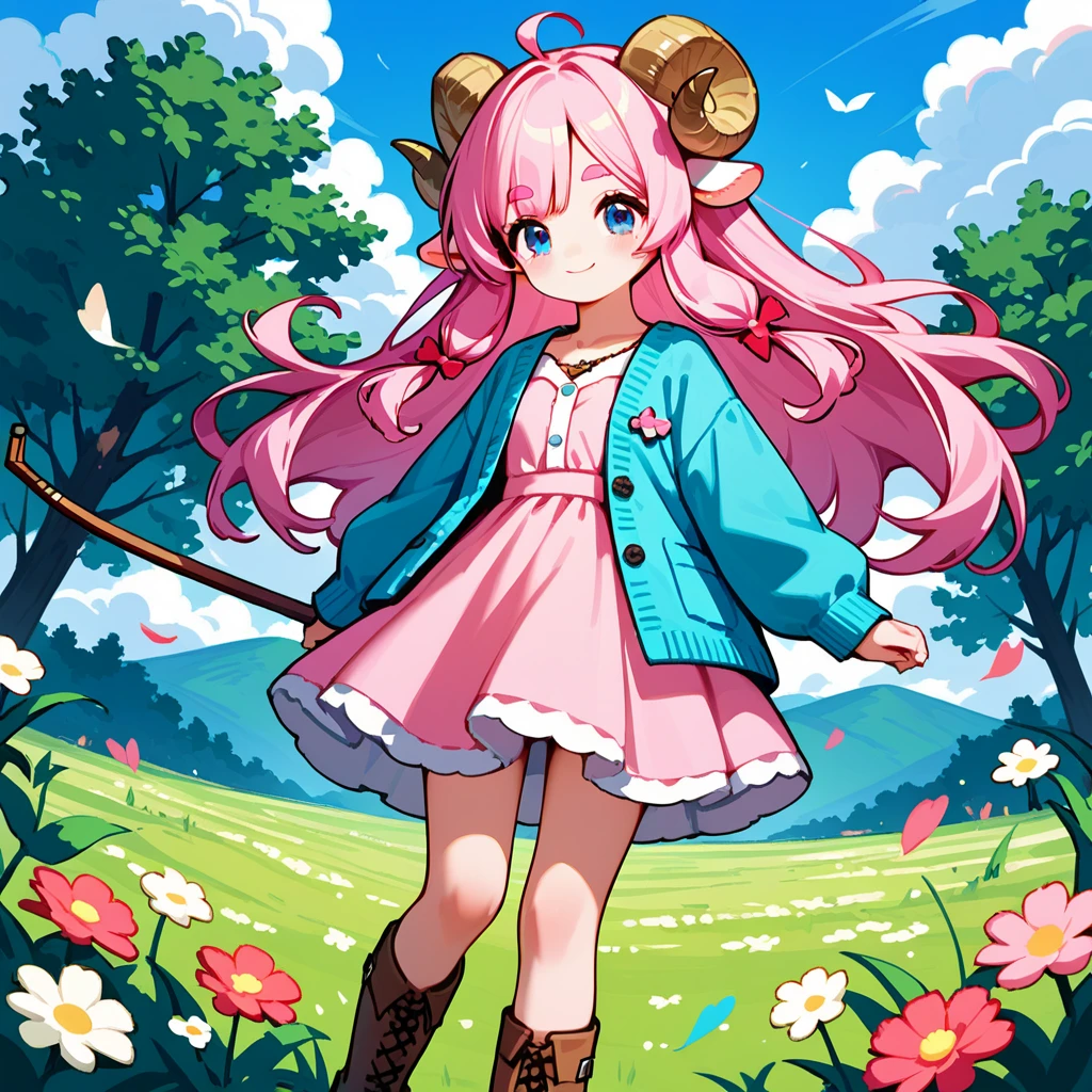 score_9, score_8_up, score_7_up, source_anime, (masterpiece:1.3, best quality:1.3, 8k,  highres icon:1.3, good anatomy), 1girl,  pink fluffy long hair \ Fluffy Long Hair, Sheep&#39;s round horns, Thick eyebrows, smile,  Pink Dress ,  sky blue cardigan ,  brown boots ,  Archery :1.5,  cute BREAK Alphonse Mucha background:1.5