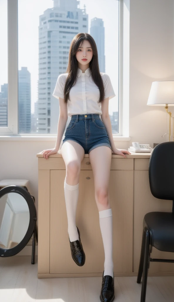 In this photograph,an Asian woman with long,straight black hair and fair skin sits on the edge of a wooden desk,leaning against a window. She wears a white short-sleeved blouse,high-waisted blue denim shorts,white knee-high socks,and black loafers. The room has minimalistic decor with a round mirror,a black chair,and a small table with a phone and lamp. The background shows a cityscape outside the window. The overall vibe is casual and contemplative.,