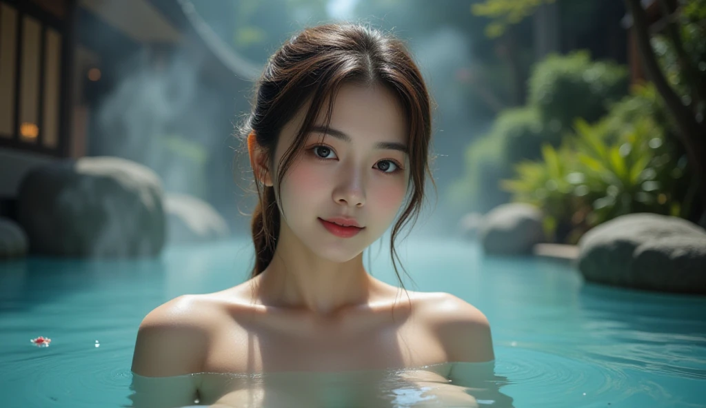 (night:1.7), oriental architecture, 1 woman, ((hot spring, onsen:1.4)), moist skin, ((fog:2.1)), (steam rising:1.8), glowing skin, glossy skin, ((partially submerged in hot spring:1.4)), some cleavage is visible. (towel:1.2) , perfect eyes,perfect face,（smile：0.7），official artwork，Very detailed CG Unity 8k wallpaper、bright_front_face_lighting，（tmasterpiece:1.0），(best_quality :1.0),ultra high resolution,4k,detailed detail,high resolution of,8k,nffsw,high resolution,absurderes:1.2,kodak portra 400,film grain,lens flare glow,（beautiful_face:1.4），8k,raw footage,(outdoor bath drawn wider:1.4) ,(wet hair:1.3),((beautifully depicts depth and width:1.3)),((The outdoor bath is surrounded by a Japanese garden and large rocks, with only two small lights.:1.3)), ((smooth white skin: 1.3)),