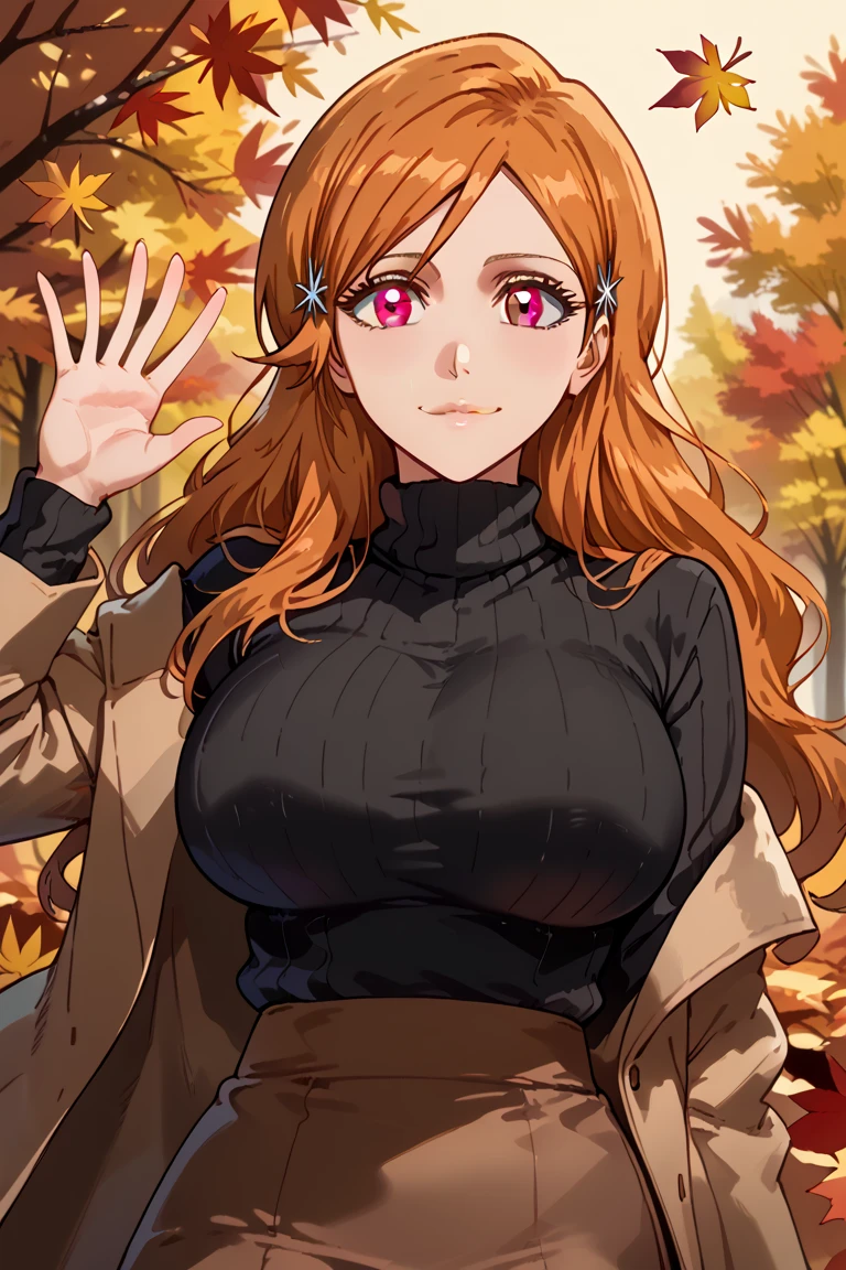 score_9, score_8_up, score_7_up,  1girl, Orihime, BLEACH, autumn, autumn leaves, black sweater, long hair, wavy hair, breasts, brown coat, brown skirt, closed mouth, coat, large breasts, leaf, leaf background, long sleeves, looking at viewer, long hair, off shoulder, forest background, brown eyes, orange hair, ribbed sweater, skirt, smile, solo, sweater, swept bangs, turtleneck, turtleneck sweater, upper body, waving,