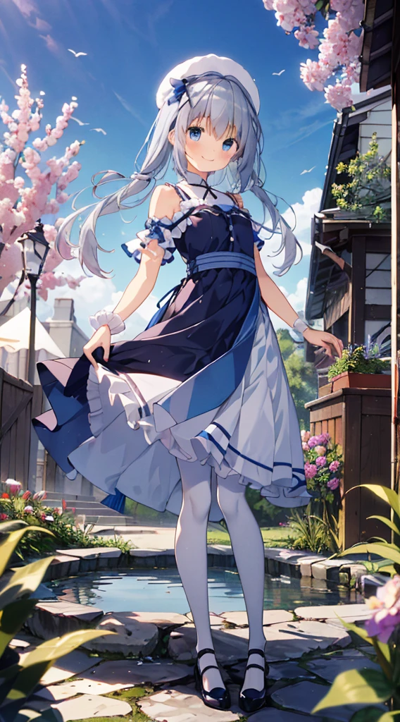 (  Masterpiece 、 top quality、  stone open-air bath surrounded by very high quality  、High-quality images、   very delicate sentence  )  silver-haired twin-tailed girl standing in a beautiful garden、smile、  She has a big bouquet of flowers  、cute ethnic dress ， There are frills on her shoulders  、  hair fluttering in the wind ，(  white pantyhose  )、Looking Outside 