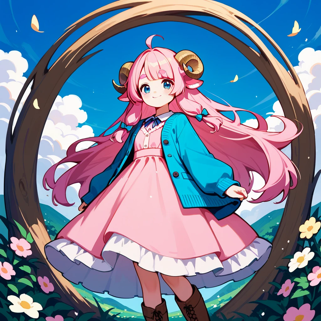 score_9, score_8_up, score_7_up, source_anime, (masterpiece:1.3, best quality:1.3, 8k,  highres icon:1.3, good anatomy), 1girl,  pink fluffy long hair \ Fluffy Long Hair, Sheep&#39;s round horns, Thick eyebrows, smile,  Pink Dress ,  sky blue cardigan ,  brown boots , white beard :1.5,  cute BREAK Alphonse Mucha background:1.5