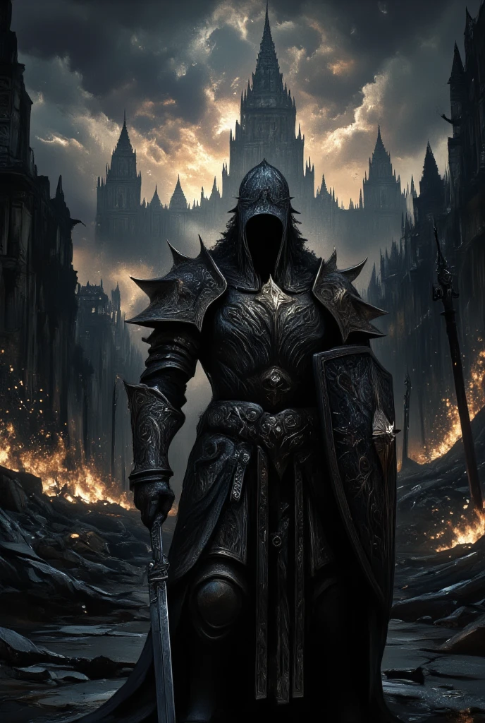 (A dark knight stands amidst a battlefield shrouded in an ominous twilight. His armor is engraved with intricate, almost ghostly designs that seem to shimmer in waves as they catch the dim light of the setting sun. The knight's presence is formidable, enhanced by his menacing posture as he holds a large shield emblazoned with a mysterious crest. The atmosphere speaks of a recently ended battle; the air is thick with dust and the scent of spent magic. Scattered around are remnants of fallen foes, a testament to the knight’s prowess and resolution. In the backdrop, a derelict castle, its towers crumbling yet still towering, stands as a silhouette against a bruised sky that bleeds colors both beautiful and sorrowful. This scene evokes the emotive and fantastical essence of Yoshitaka Amano’s work, where abstract beauty intertwines with the dark themes of conflict and survival, enhanced by the intricate details and the knight's aura of perseverance and solitude.)