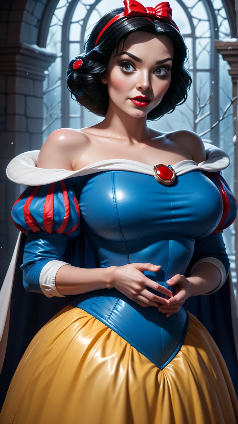 (Disney Princess Snow White is suffocating a human man in her breasts:1.5), Princess Snow White is beautiful young white woman, she has short black hair, and possesses captivating brown eyes, supple red lips, and a sculpted figure. (She wears a gown with a dark blue simply designed bodice with a yellow skirt, large puffy off-the-shoulder sleeves:1.4), she has gigantic breasts:1.4), (She is smothering a man in her breasts:15), (the man’s head is fully in between Snow White’s breasts:1.3), (full body:1.5)